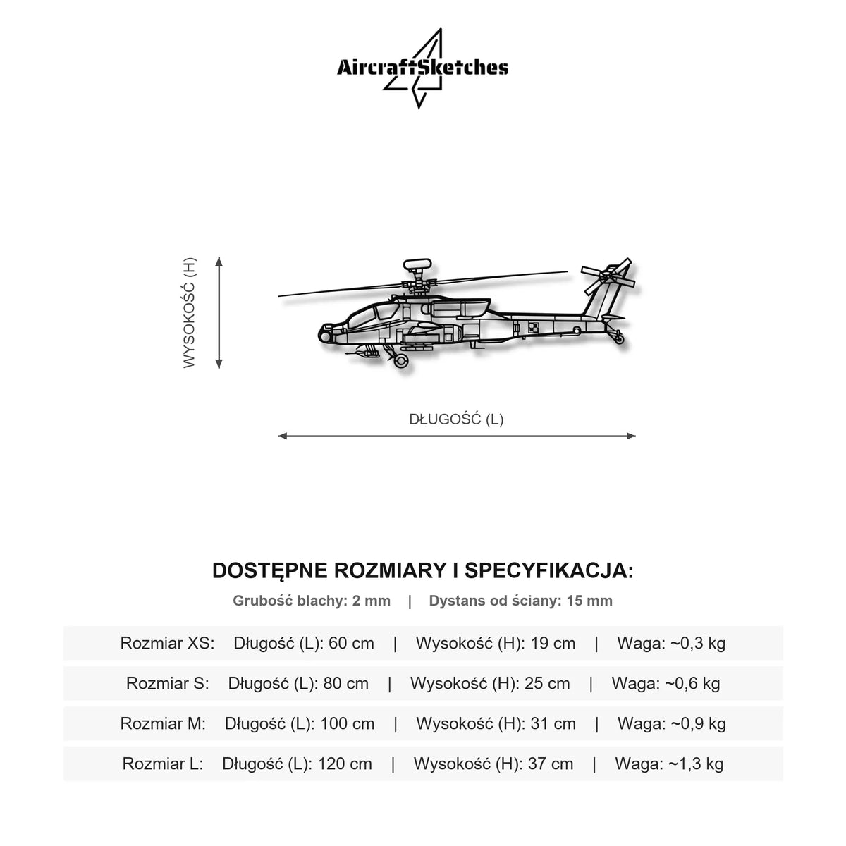 Wymiary i specyfikacja techniczna modelu: AH-64D Apache - (Polska Szachownica) – Metalowa sylwetka na ścianę