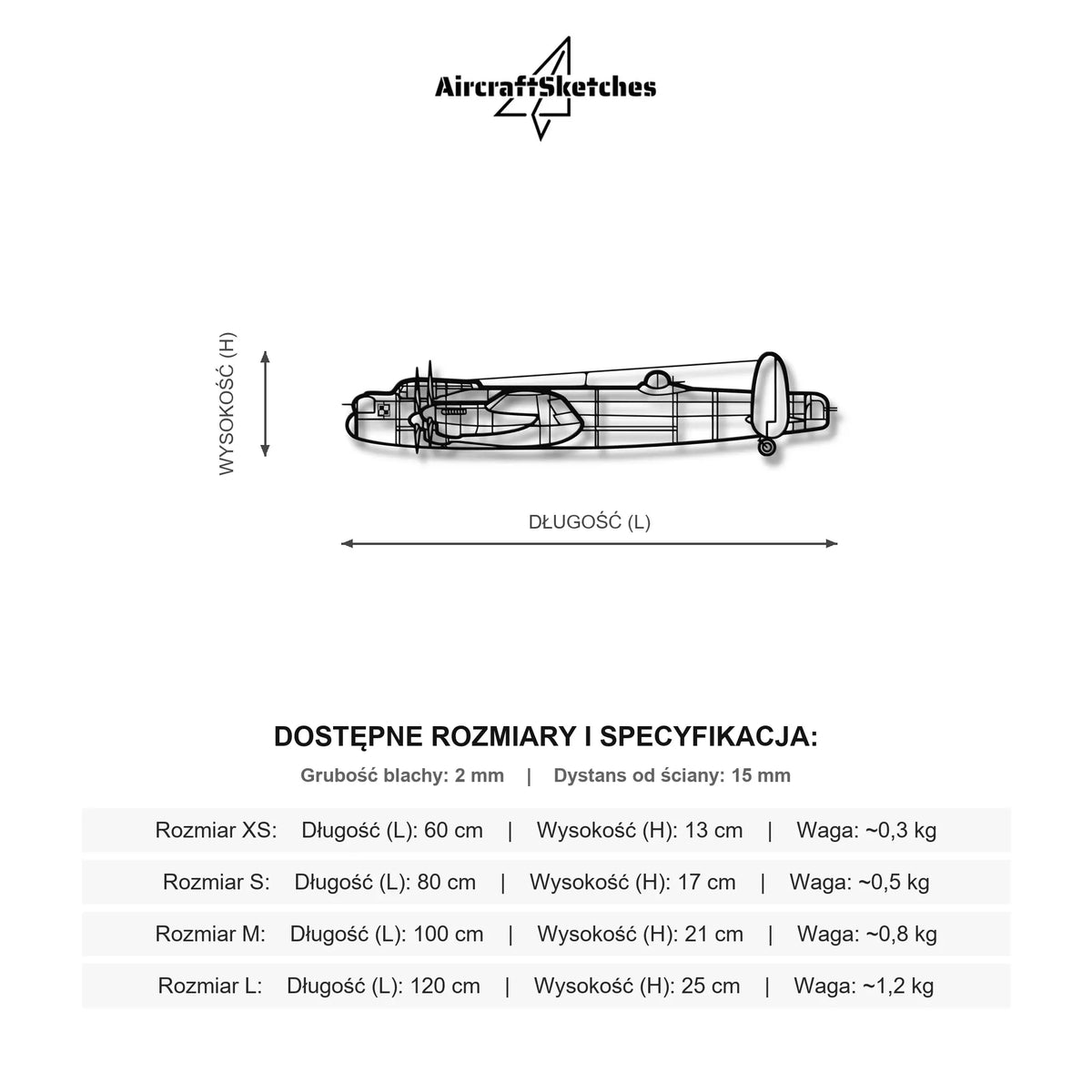 Wymiary i specyfikacja techniczna modelu: Avro Lancaster - (Polska Szachownica) – Metalowa sylwetka na ścianę
