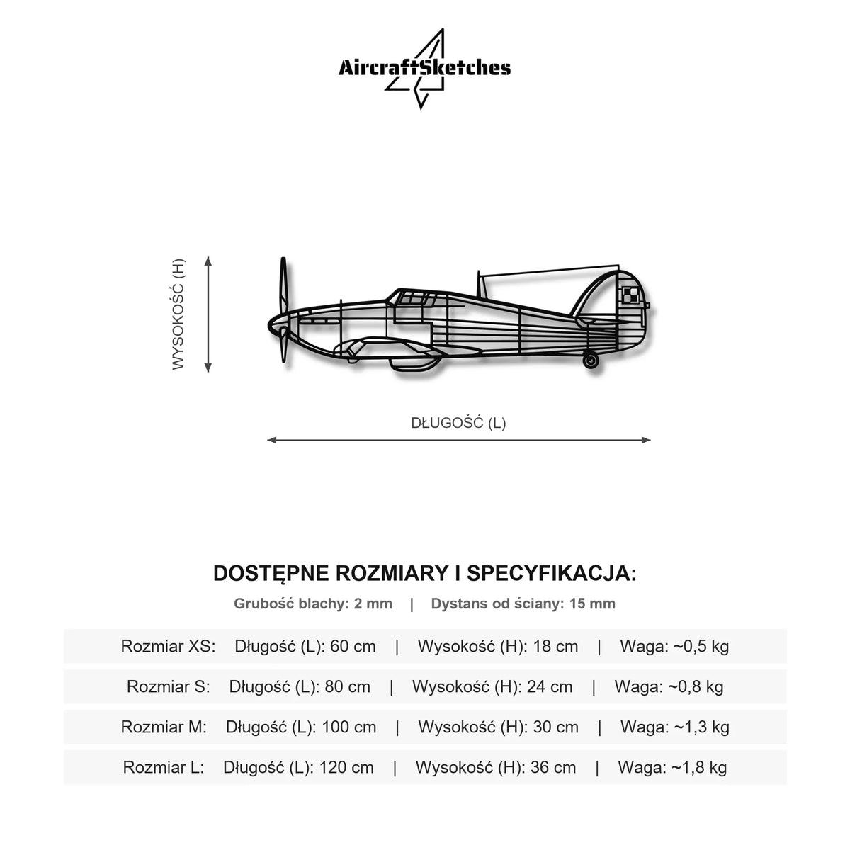 Wymiary i specyfikacja techniczna modelu: Hurricane Mk I - (Polska Szachownica) – Metalowa sylwetka na ścianę