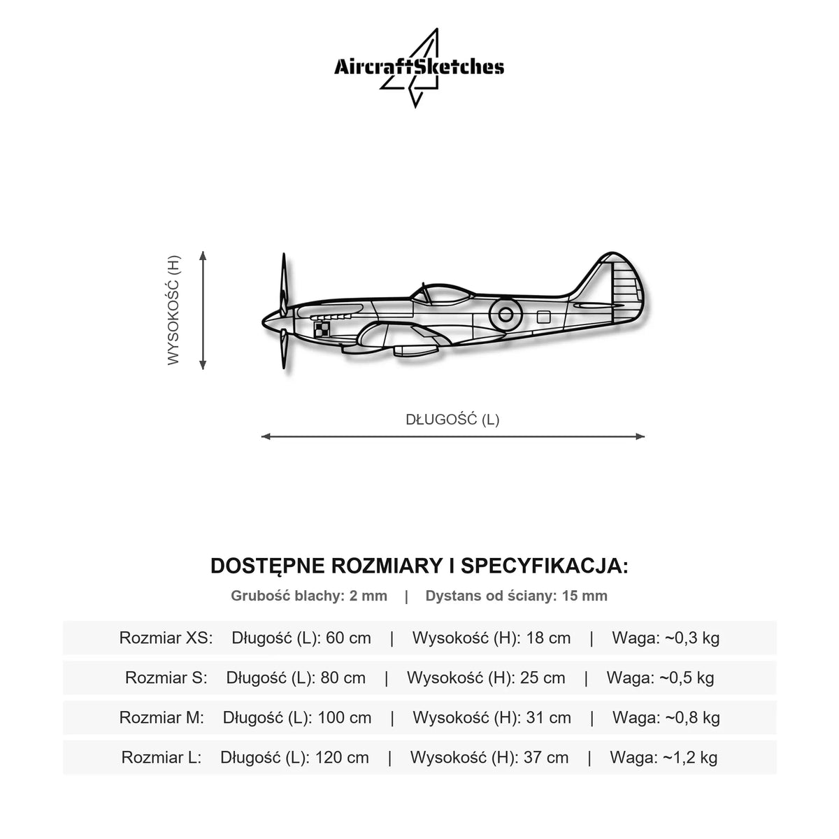Wymiary i specyfikacja techniczna modelu: Spitfire - (Polska Szachownica) – Metalowa sylwetka na ścianę