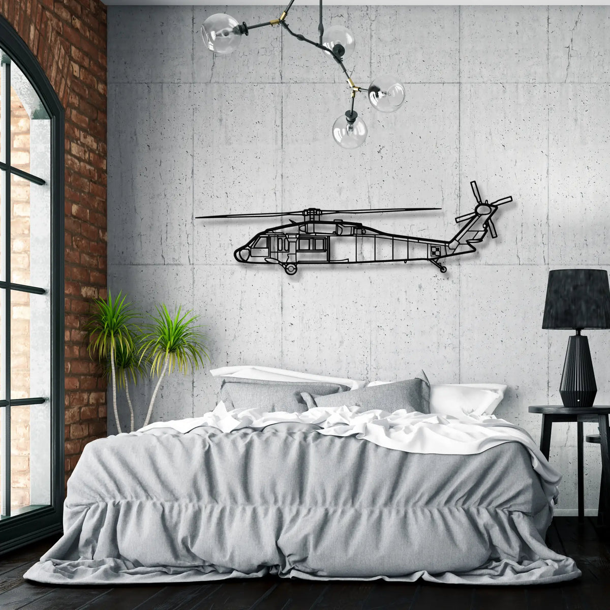 UH-60 Black Hawk - (Polska Szachownica) – Metalowa sylwetka na ścianę - metalowa ozdoba we wnętrzu industrialnym