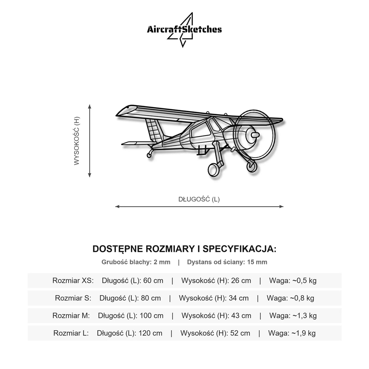 Wymiary i specyfikacja techniczna modelu: Wilga Pzl 104 W Locie Frontalnym – Metalowa sylwetka na ścianę