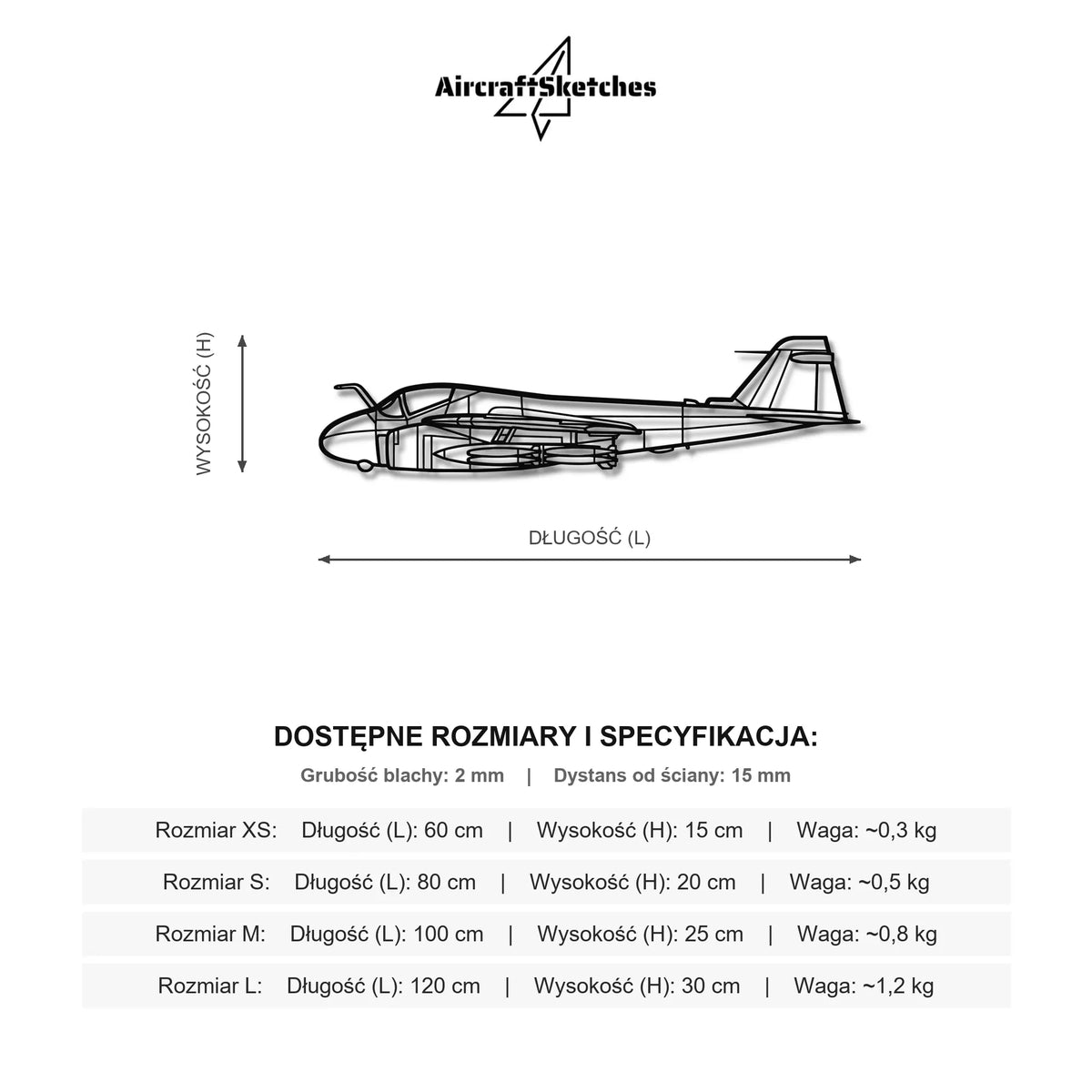Wymiary i specyfikacja techniczna modelu: Grumman A-6 Intruder - Metalowa dekoracja ścienna
