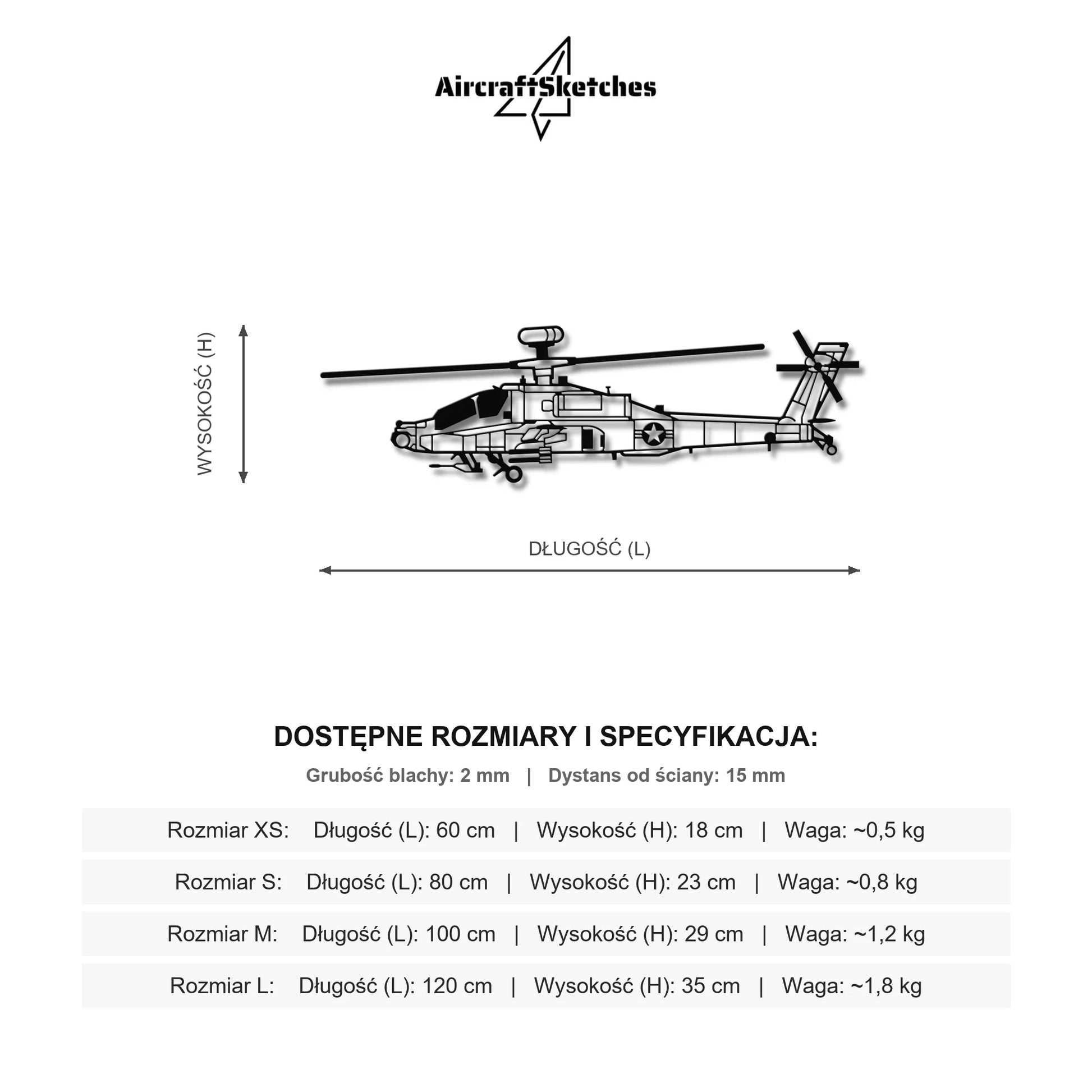 Wymiary i specyfikacja techniczna: AH-64 Apache – Metalowa sylwetka na ścianę