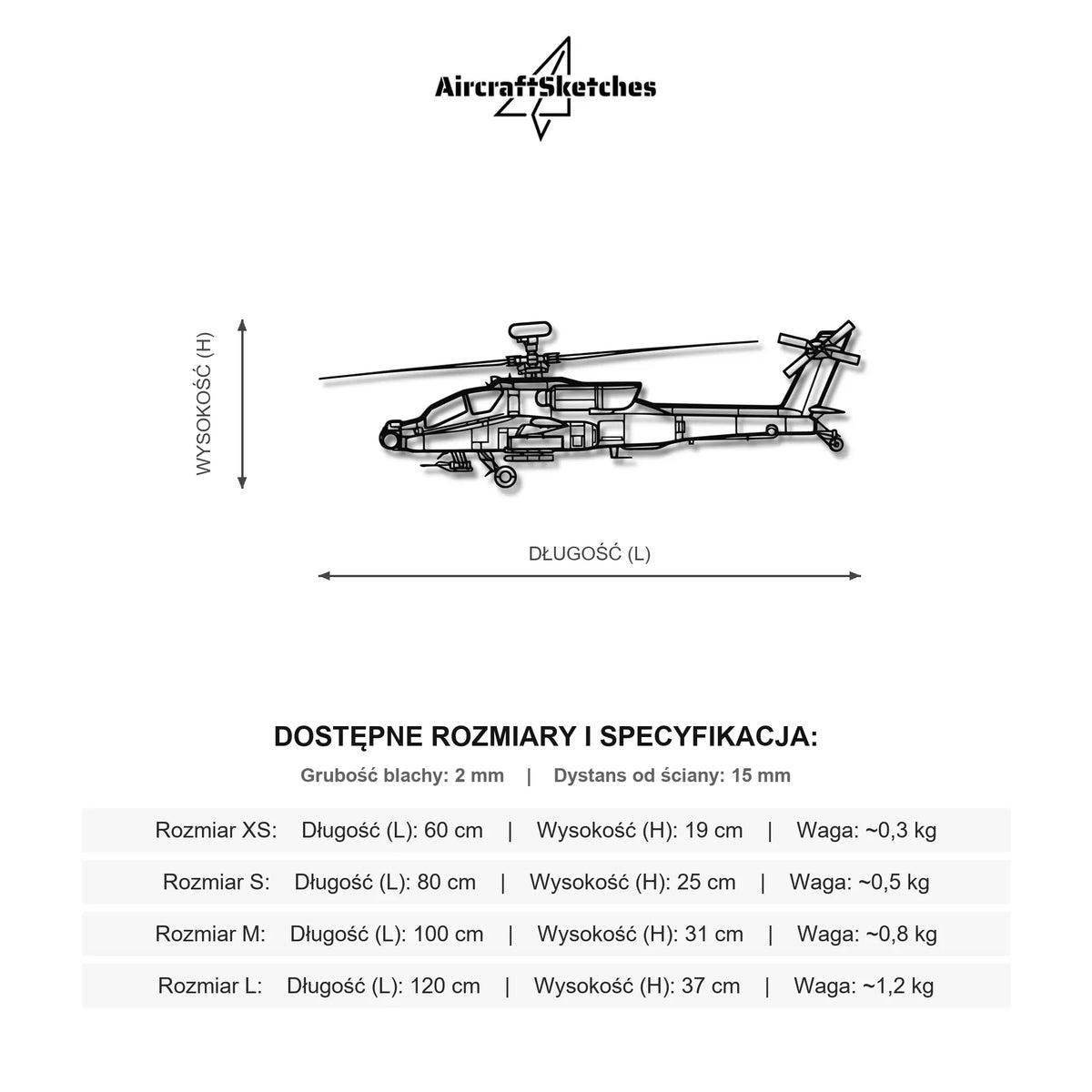 Wymiary i specyfikacja techniczna modelu: AH-64D Apache - Metalowa dekoracja ścienna
