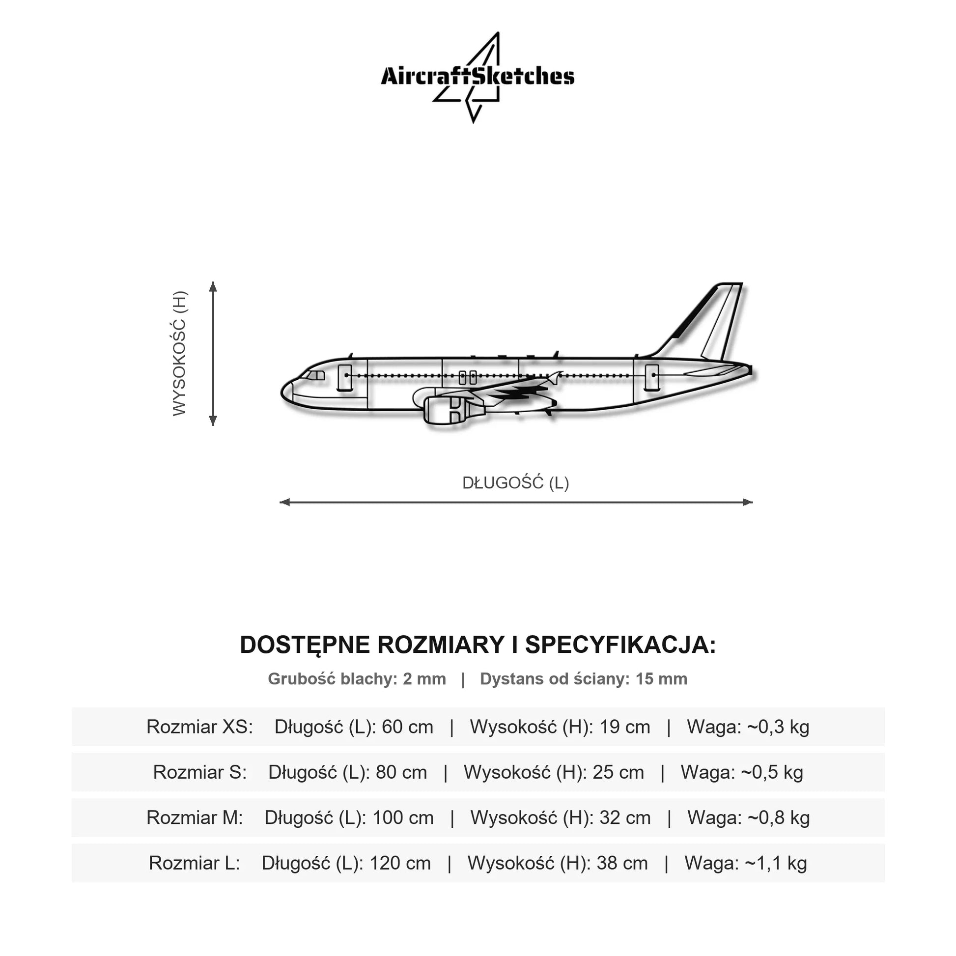 Wymiary i specyfikacja techniczna: Airbus A320 – Metalowa sylwetka na ścianę