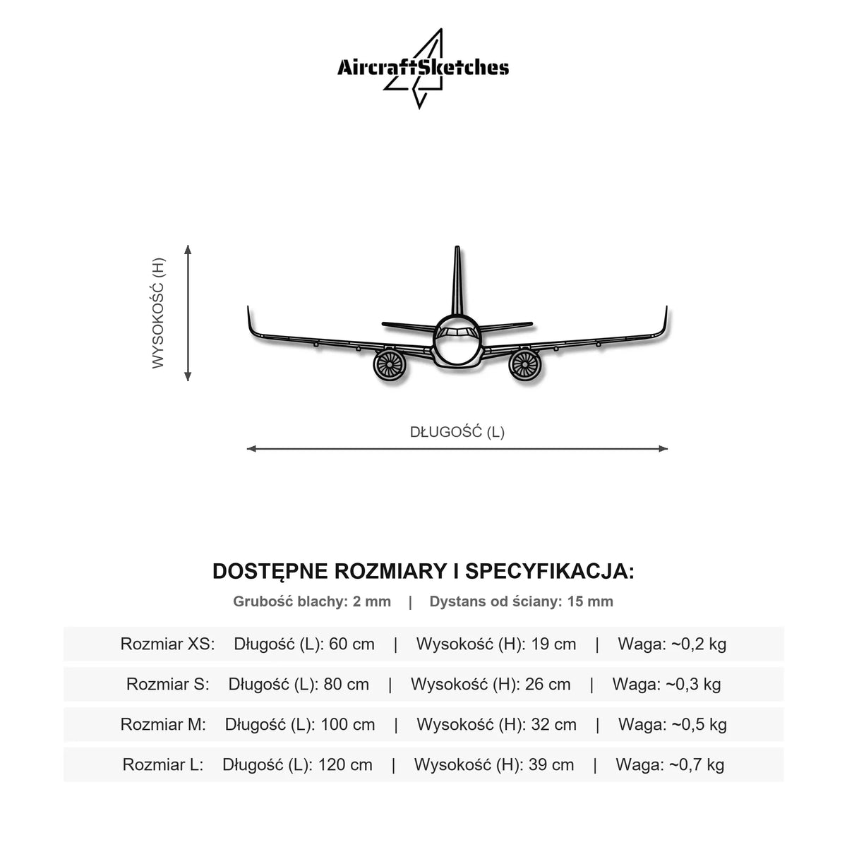 Wymiary i specyfikacja techniczna modelu: Airbus A321 - Metalowa dekoracja ścienna