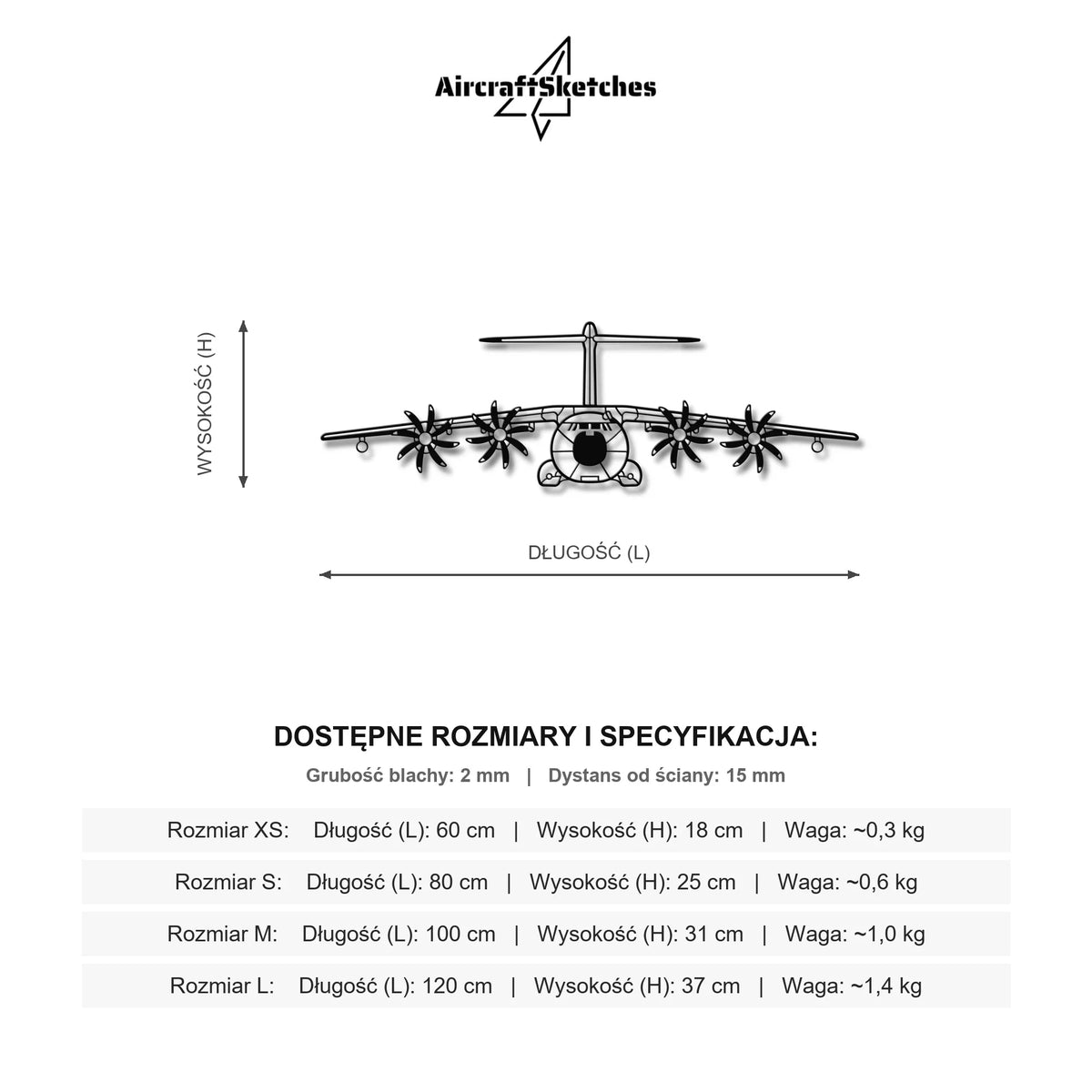 Wymiary i specyfikacja techniczna: Airbus A400M – Metalowa sylwetka na ścianę