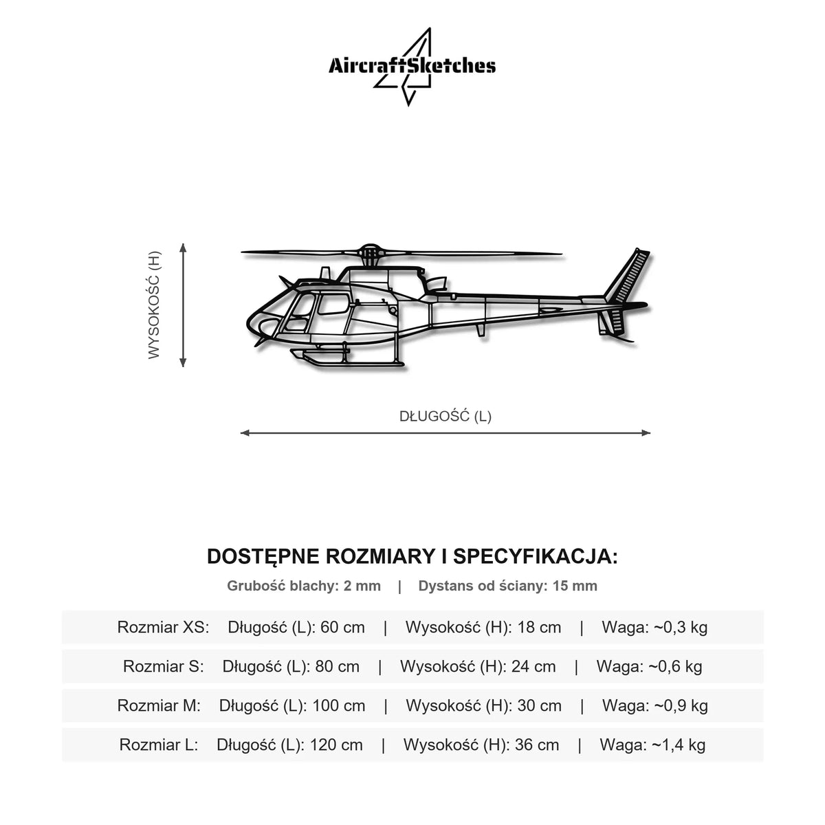 Wymiary i specyfikacja techniczna modelu: Airbus H125 - Metalowa dekoracja ścienna