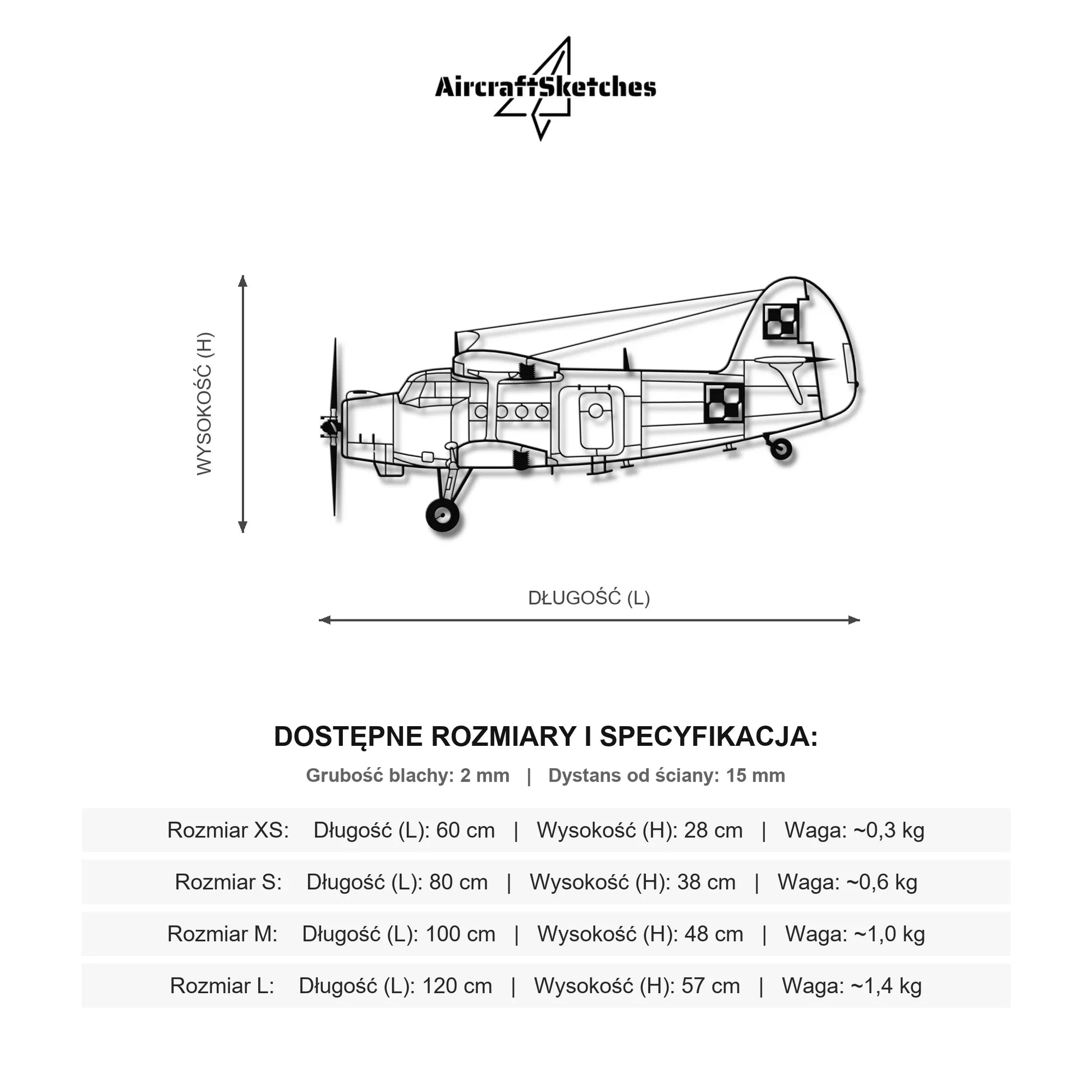 Wymiary i specyfikacja techniczna: An-2 (Antek) - (Polska Szachownica) – Metalowa sylwetka na ścianę
