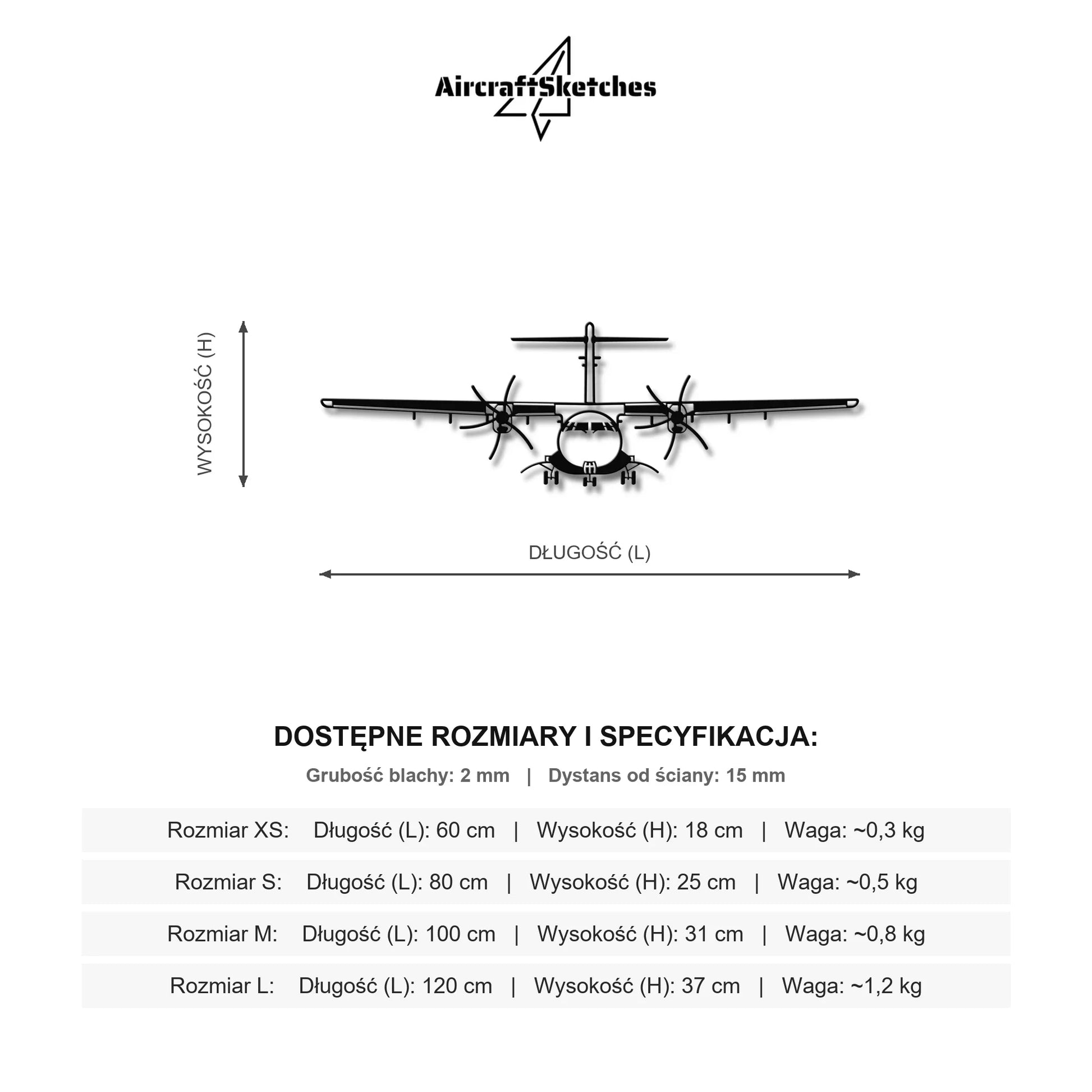 Wymiary i specyfikacja techniczna: ATR 42 – Metalowa sylwetka na ścianę