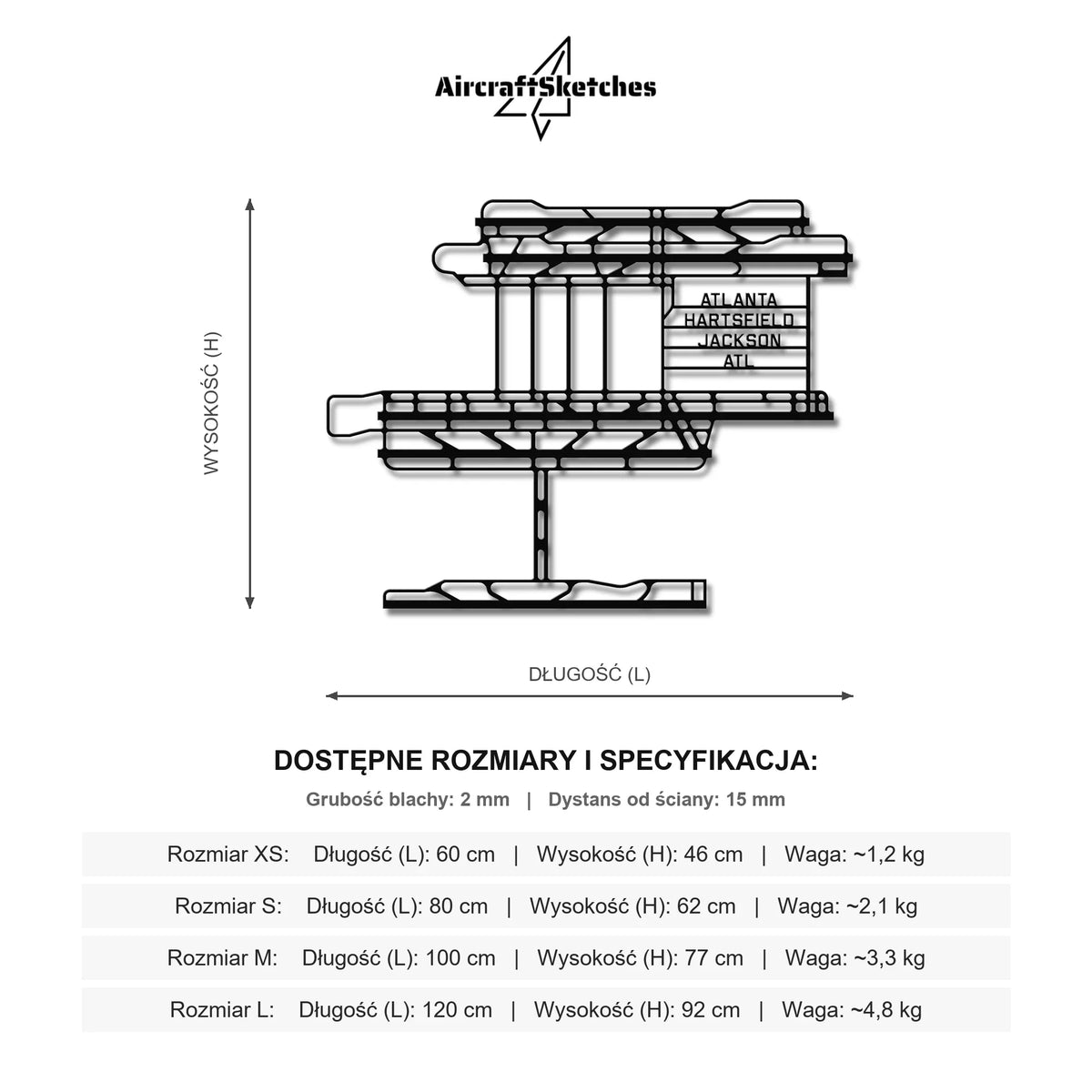 Wymiary i specyfikacja techniczna: ATL Hartsfield-Jackson Atlanta – Metalowa sylwetka na ścianę