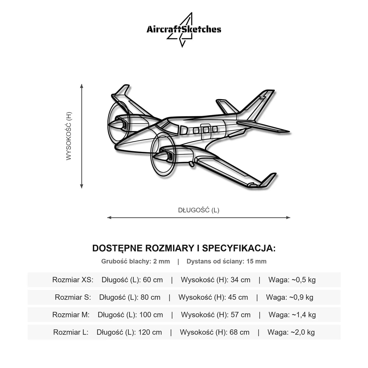 Wymiary i specyfikacja techniczna modelu: Beechcraft 60 Duke - Metalowa dekoracja ścienna