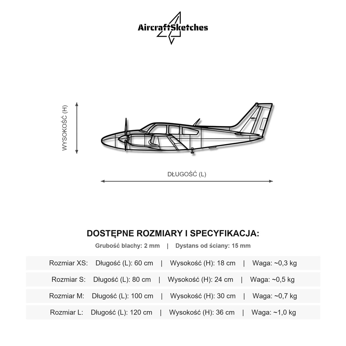 Wymiary i specyfikacja techniczna modelu: Beechcraft Baron 95 B55 - Metalowa dekoracja ścienna