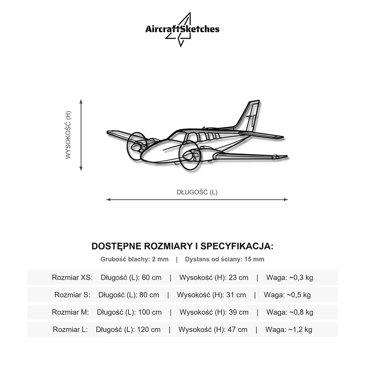 Wymiary i specyfikacja techniczna modelu: Beechcraft Baron G58 - Metalowa dekoracja ścienna