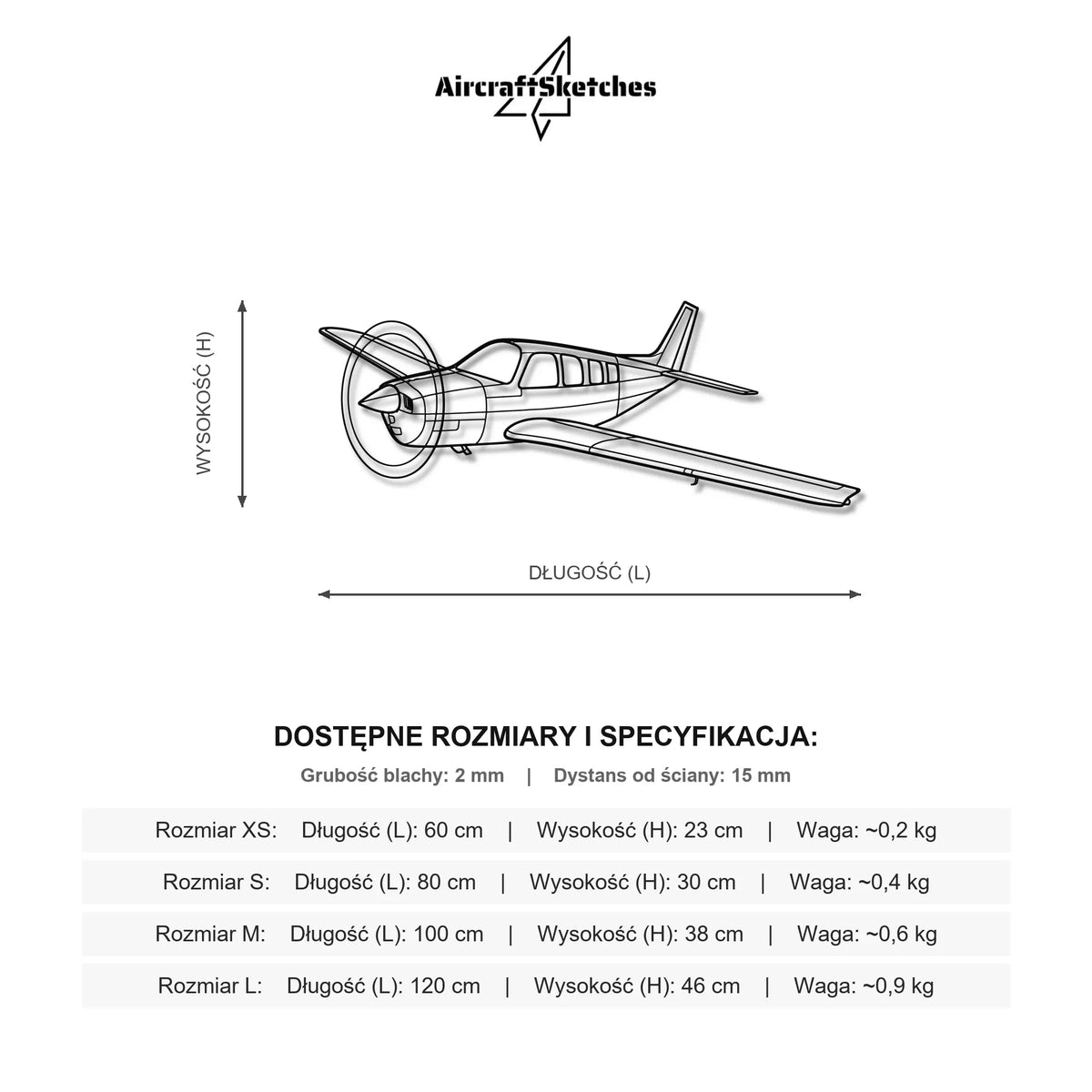 Wymiary i specyfikacja techniczna modelu: Beechcraft Bonanza A36 - Metalowa dekoracja ścienna