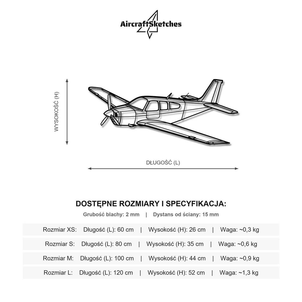 Wymiary i specyfikacja techniczna modelu: Beechcraft Bonanza F33C - Metalowa dekoracja ścienna