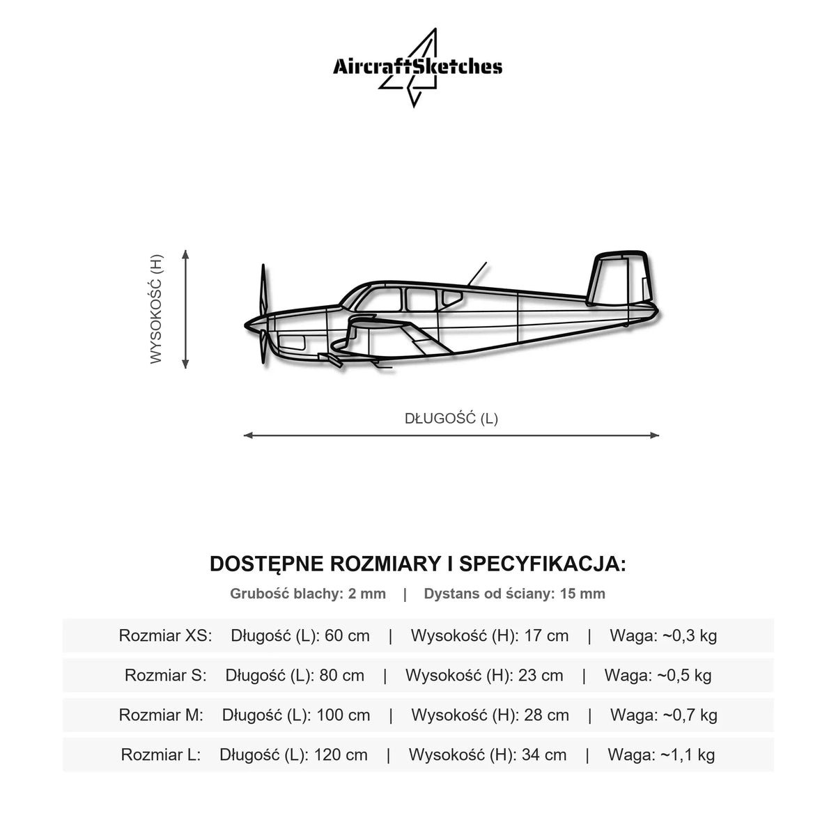Wymiary i specyfikacja techniczna modelu: Beechcraft Bonanza - Metalowa dekoracja ścienna