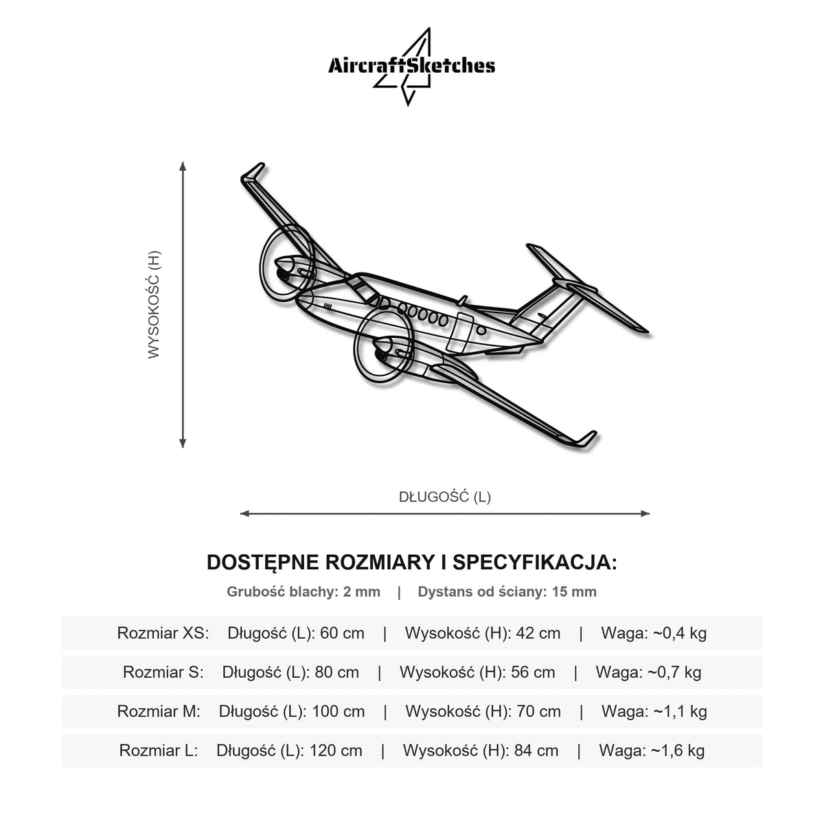 Wymiary i specyfikacja techniczna modelu: Beechcraft King Air 300 - Metalowa dekoracja ścienna