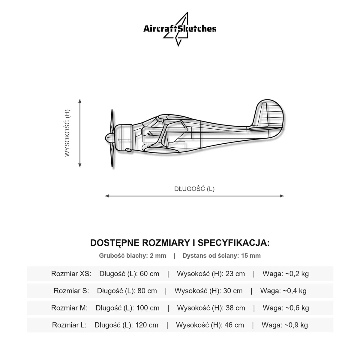 Wymiary i specyfikacja techniczna modelu: Beechcraft Model D17 - Metalowa dekoracja ścienna