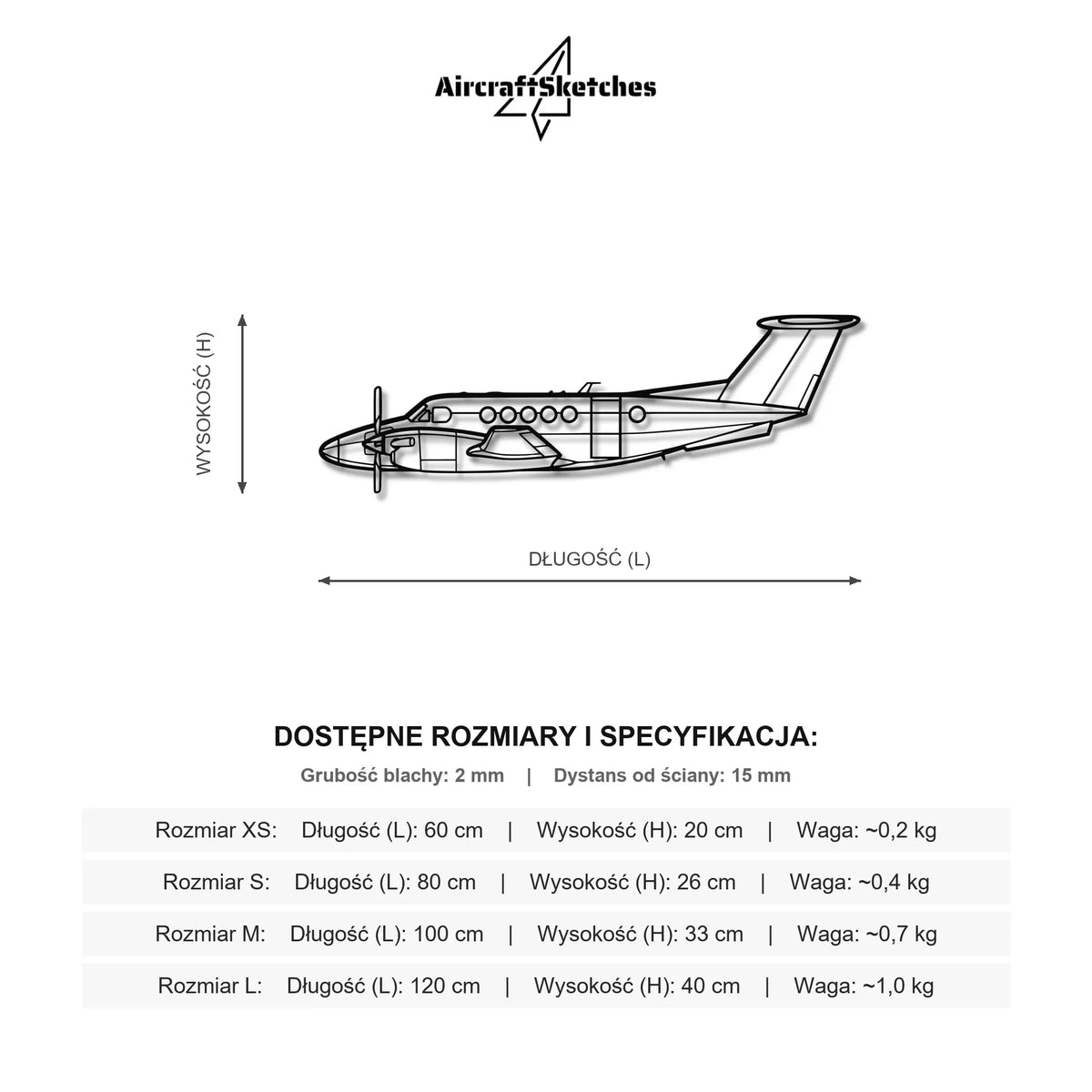 Wymiary i specyfikacja techniczna modelu: Beechcraft Super King Air B200 - Metalowa dekoracja ścienna