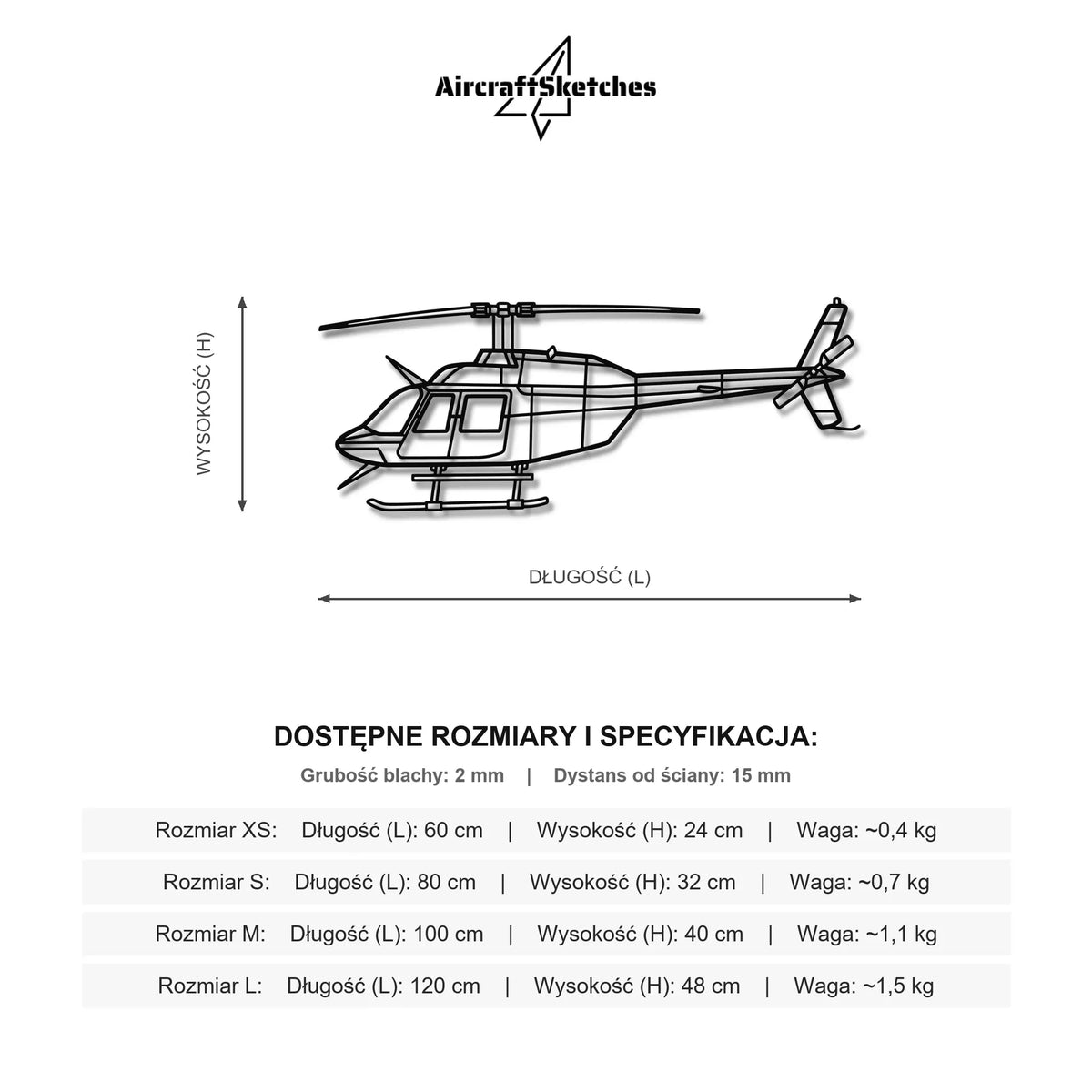 Wymiary i specyfikacja techniczna modelu: Bell 206 - Metalowa dekoracja ścienna