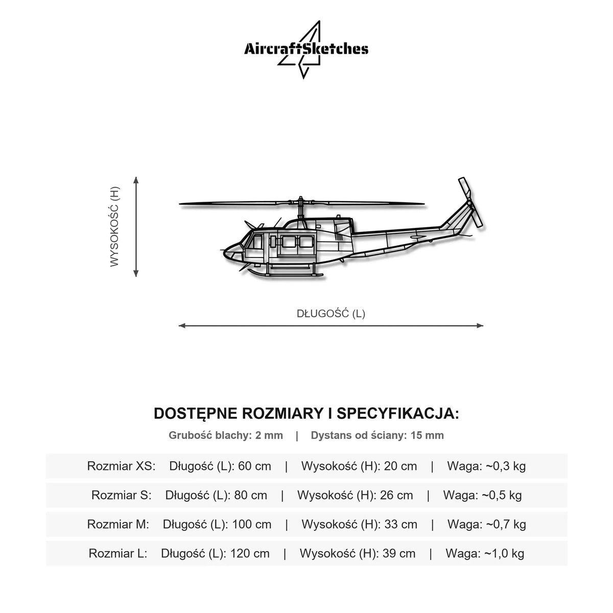 Wymiary i specyfikacja techniczna modelu: Bell 212 - Metalowa dekoracja ścienna