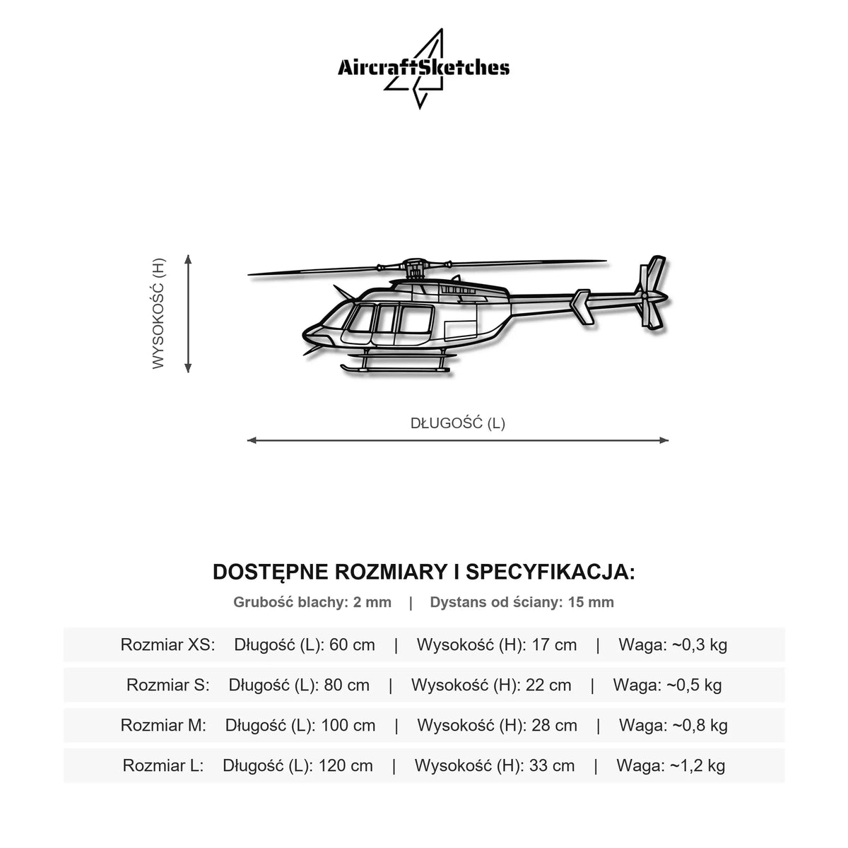 Wymiary i specyfikacja techniczna modelu: Bell 407Gx - Metalowa dekoracja ścienna