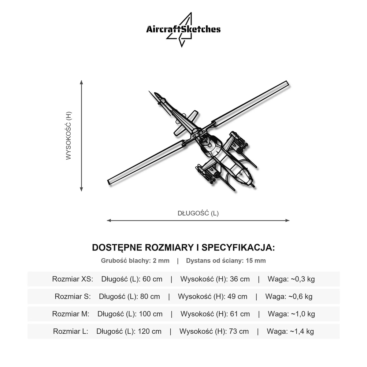 Wymiary i specyfikacja techniczna modelu: Bell AH-1 Cobra - Metalowa dekoracja ścienna