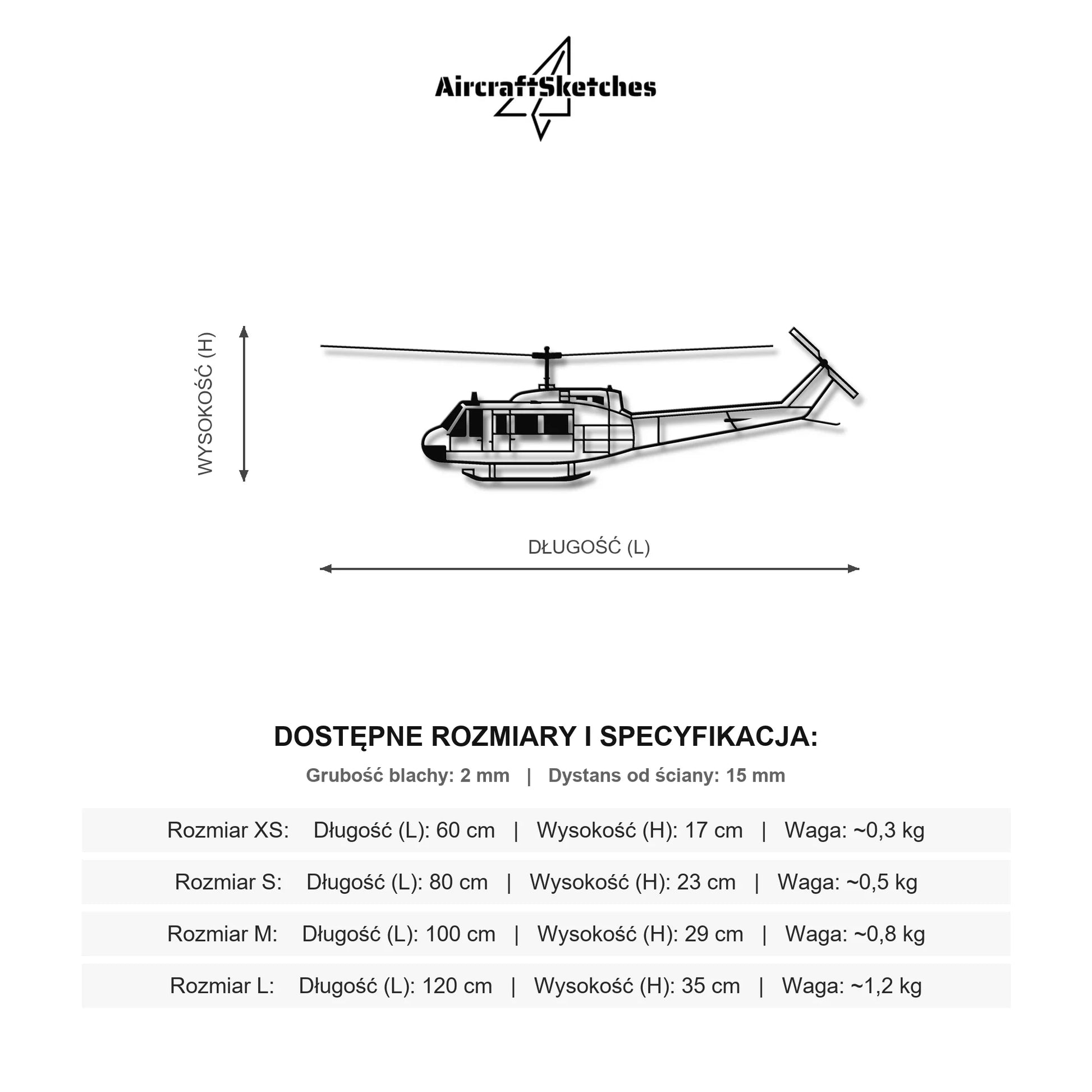 Wymiary i specyfikacja techniczna: Bell UH-1 Iroquois Huey – Metalowa sylwetka na ścianę