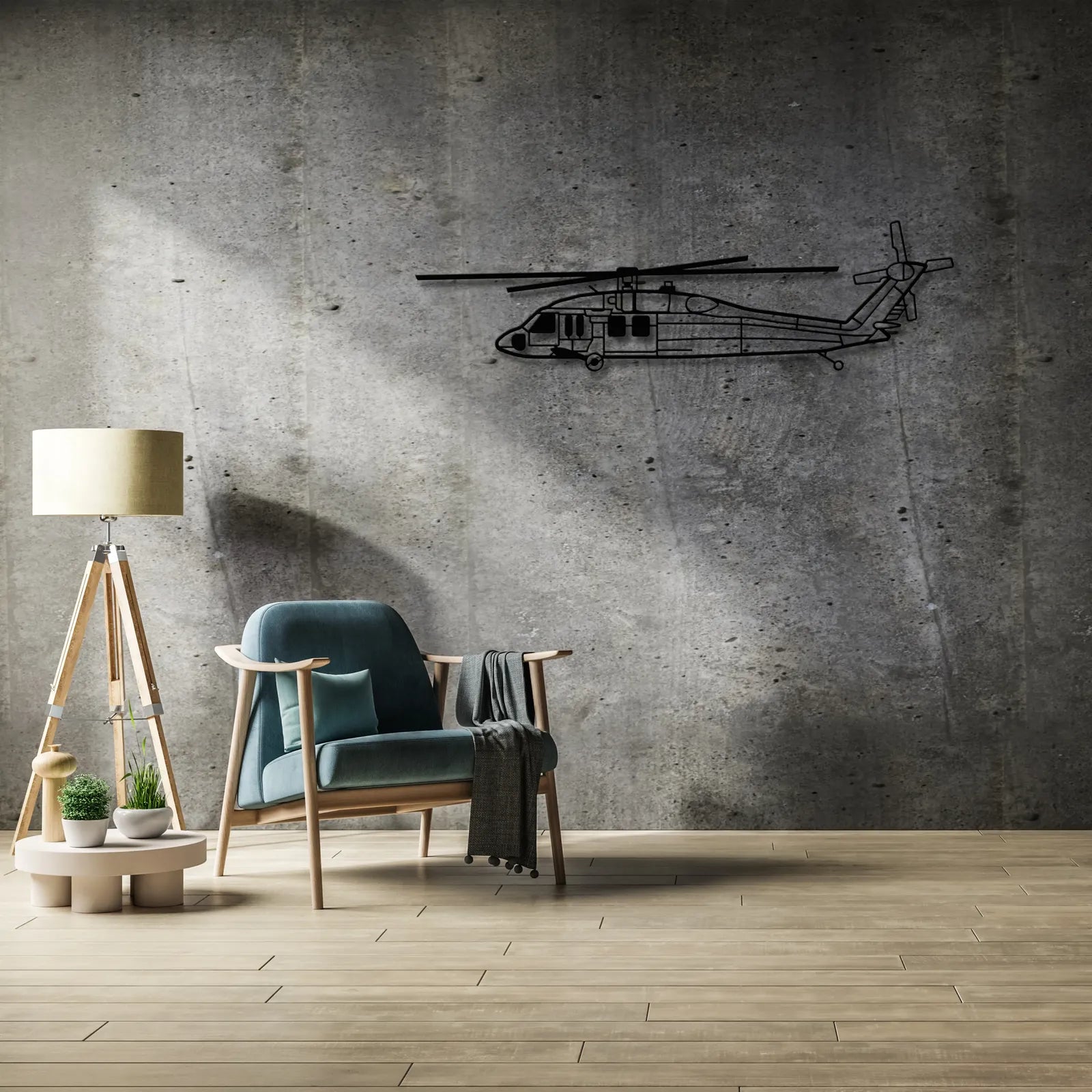 Aranżacja loftowa z wykorzystaniem - Black Hawk S-70i – Metalowa sylwetka na ścianę
