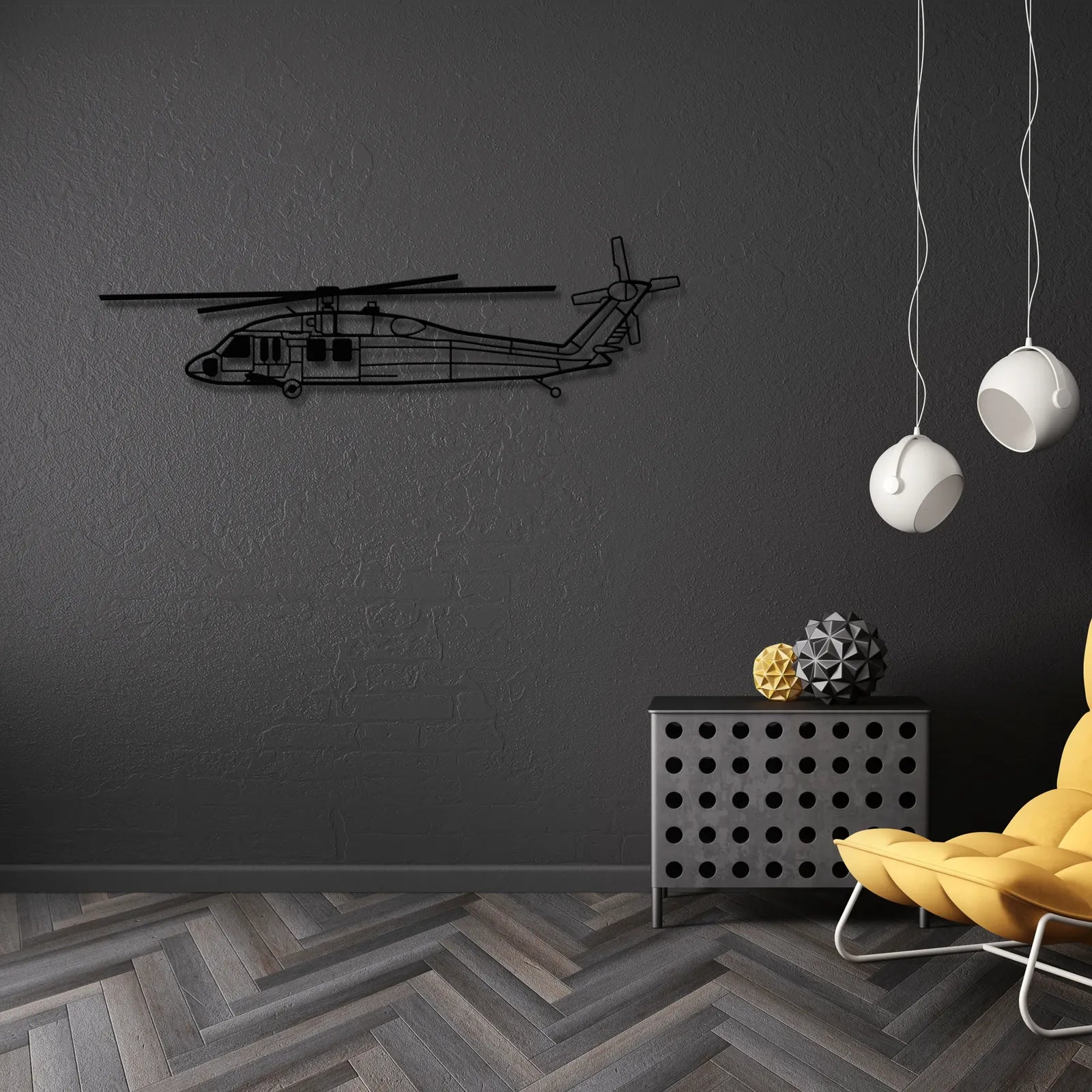 Ozdoba do salonu na ścianę - Black Hawk S-70i – Metalowa sylwetka na ścianę