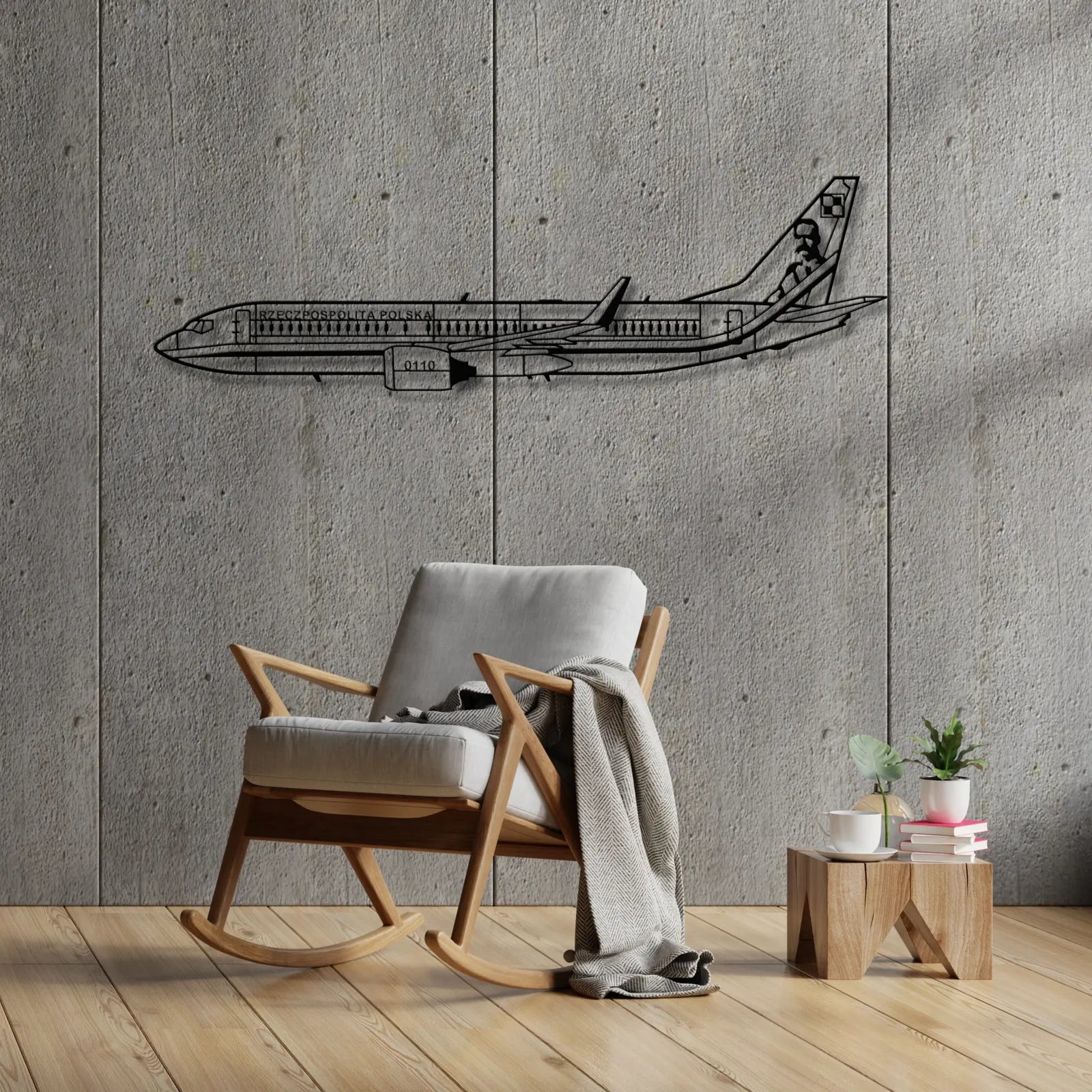 Aranżacja loftowa z wykorzystaniem - Boeing 737-800 "Marszałek Józef Piłsudski" Rządowy (Polska Szachownica) – Metalowa sylwetka na ścianę