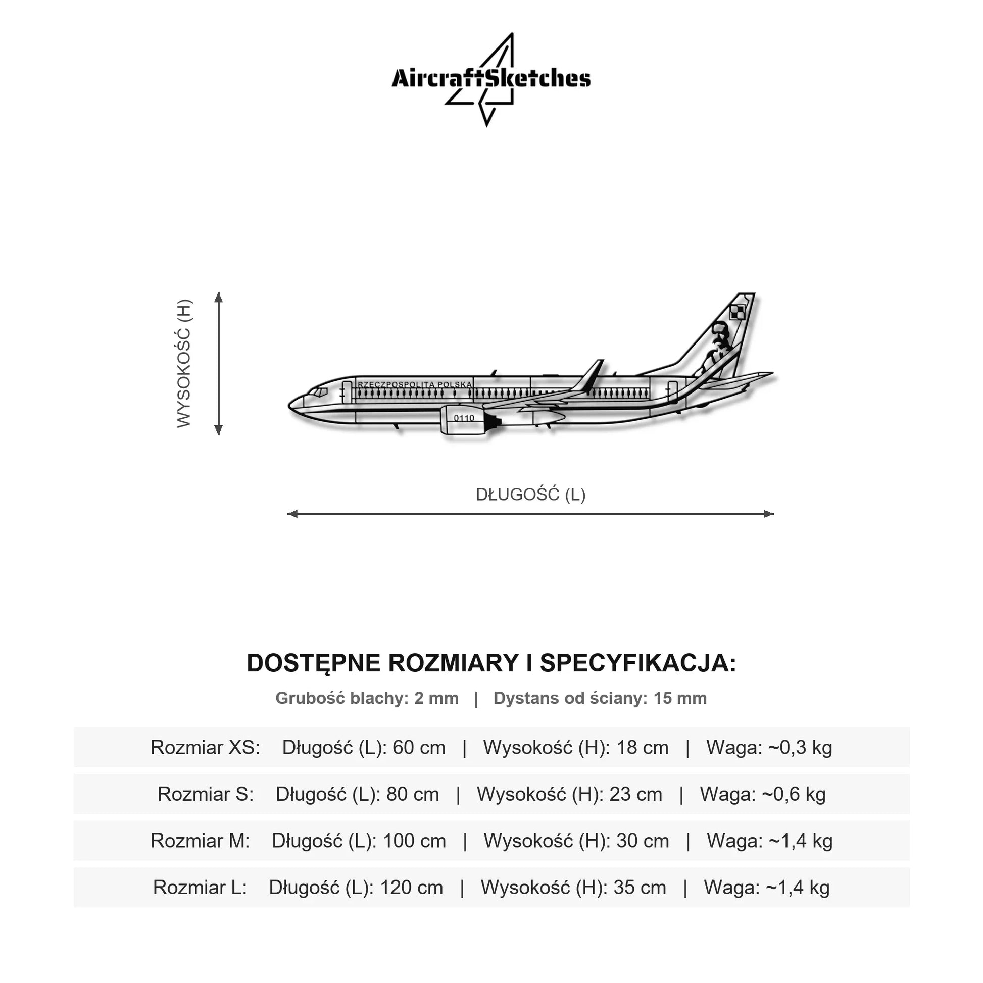 Wymiary i specyfikacja techniczna: Boeing 737-800 "Marszałek Józef Piłsudski" Rządowy (Polska Szachownica) – Metalowa sylwetka na ścianę