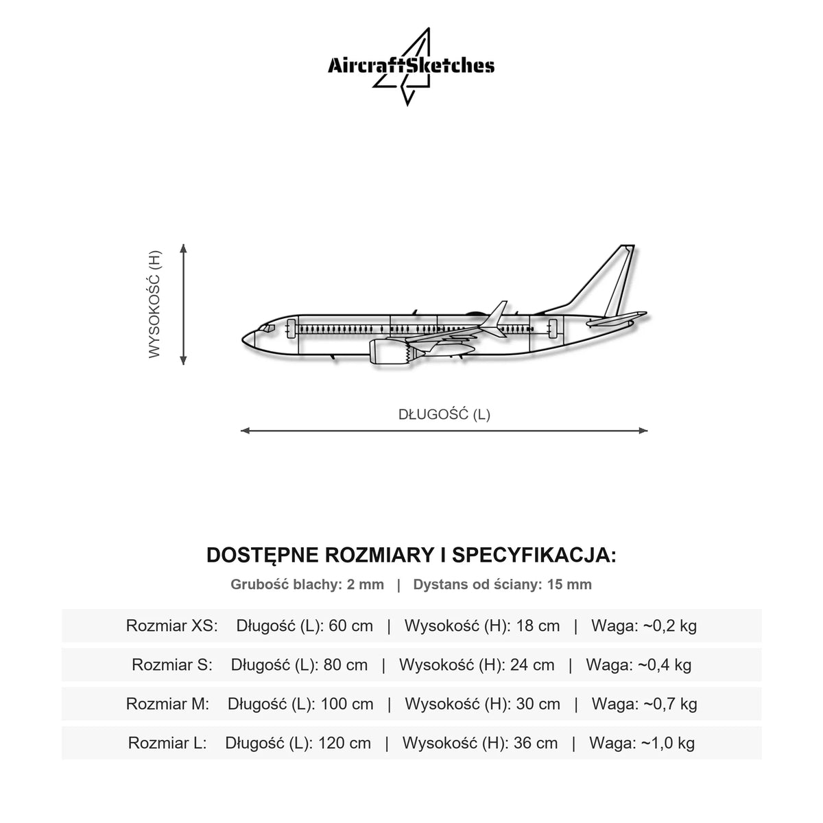 Wymiary i specyfikacja techniczna: Boeing 737 MAX – Metalowa sylwetka na ścianę