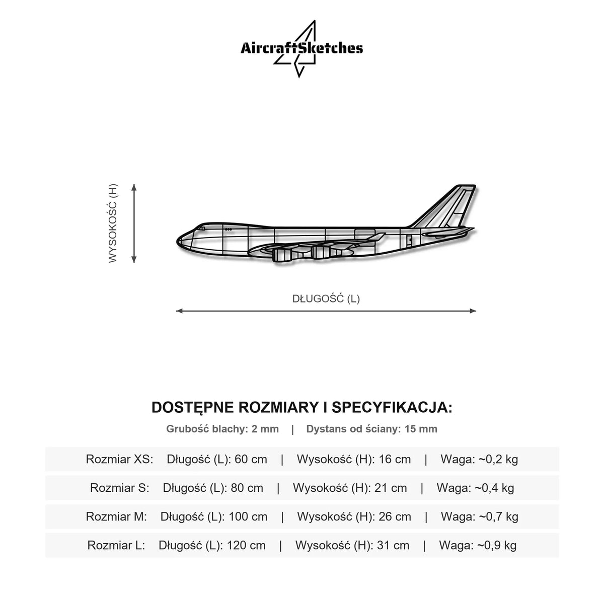 Wymiary i specyfikacja techniczna modelu: Boeing 747-400F - Metalowa dekoracja ścienna