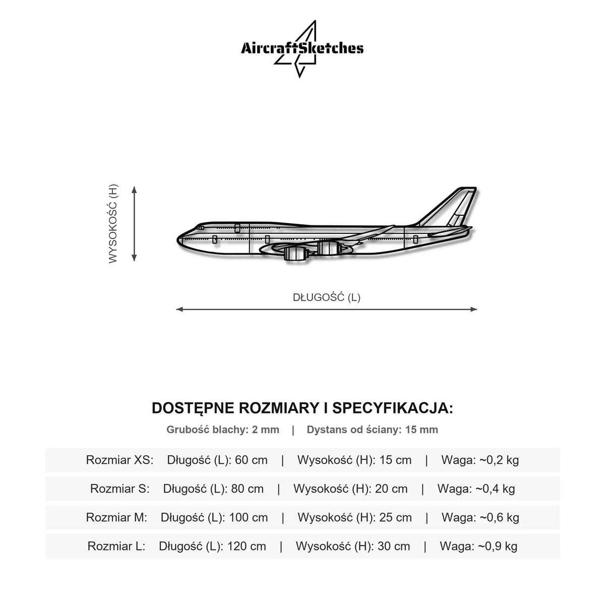 Wymiary i specyfikacja techniczna modelu: Boeing 747-8 Metalowa dekoracja ścienna