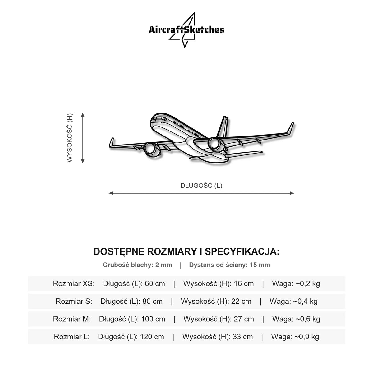 Wymiary i specyfikacja techniczna modelu: Boeing 757-200 - Metalowa dekoracja ścienna