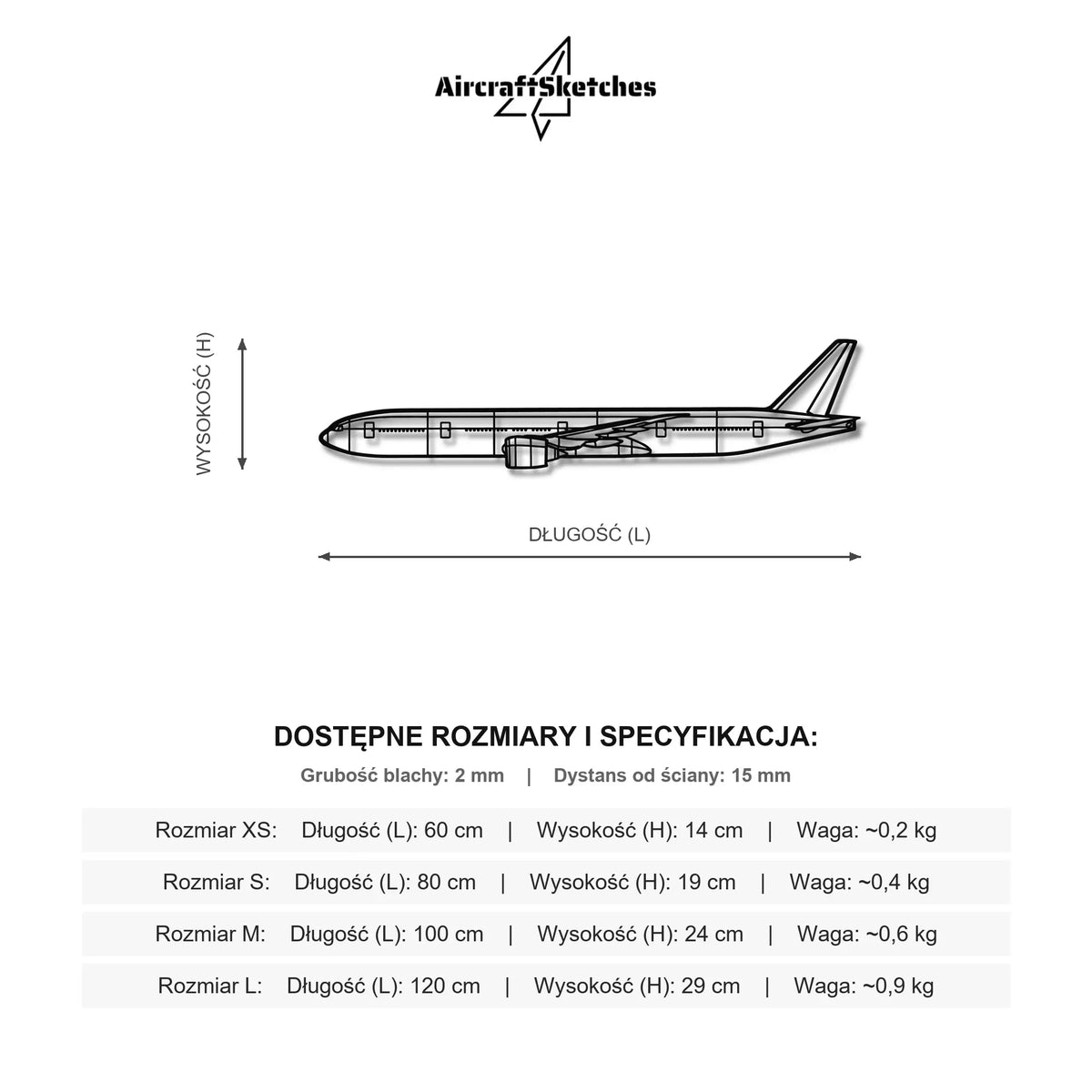 Wymiary i specyfikacja techniczna modelu: Boeing 777-300ER - Metalowa dekoracja ścienna