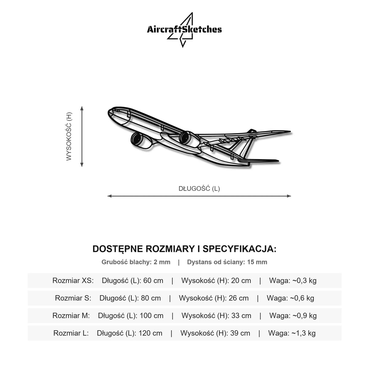 Wymiary i specyfikacja techniczna modelu: Boeing 777-9 - Metalowa dekoracja ścienna