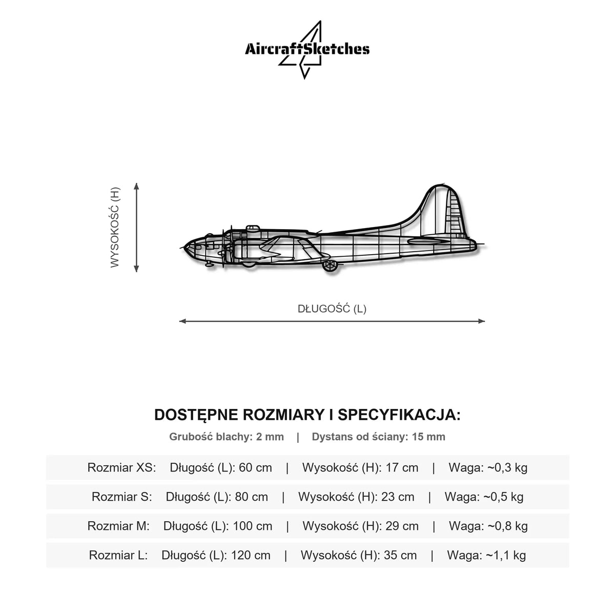 Wymiary i specyfikacja techniczna modelu: Boeing B-17 - Metalowa dekoracja ścienna