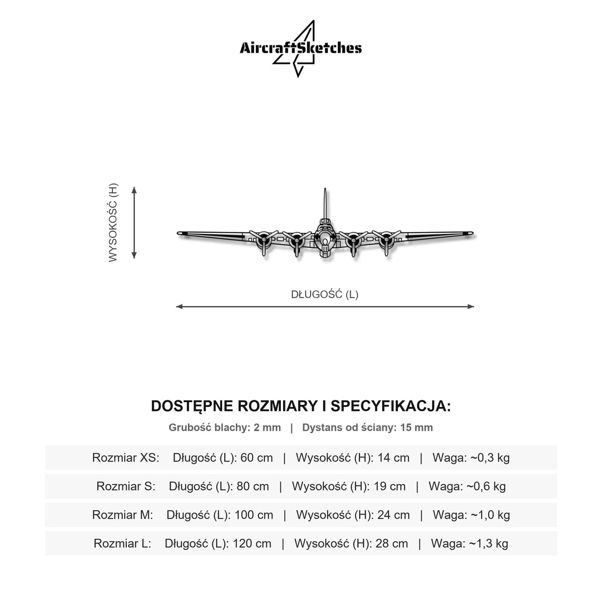 Wymiary i specyfikacja techniczna: Boeing B-17 – Metalowa sylwetka na ścianę