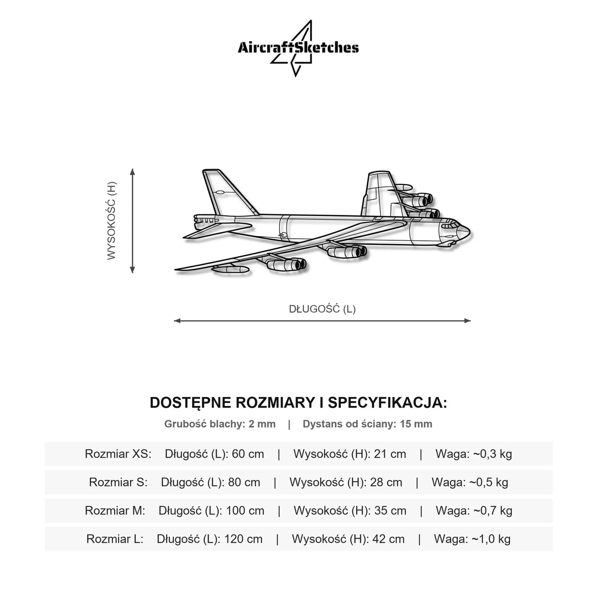 Wymiary i specyfikacja techniczna modelu: Boeing B-52H Stratofortress - Metalowa dekoracja ścienna