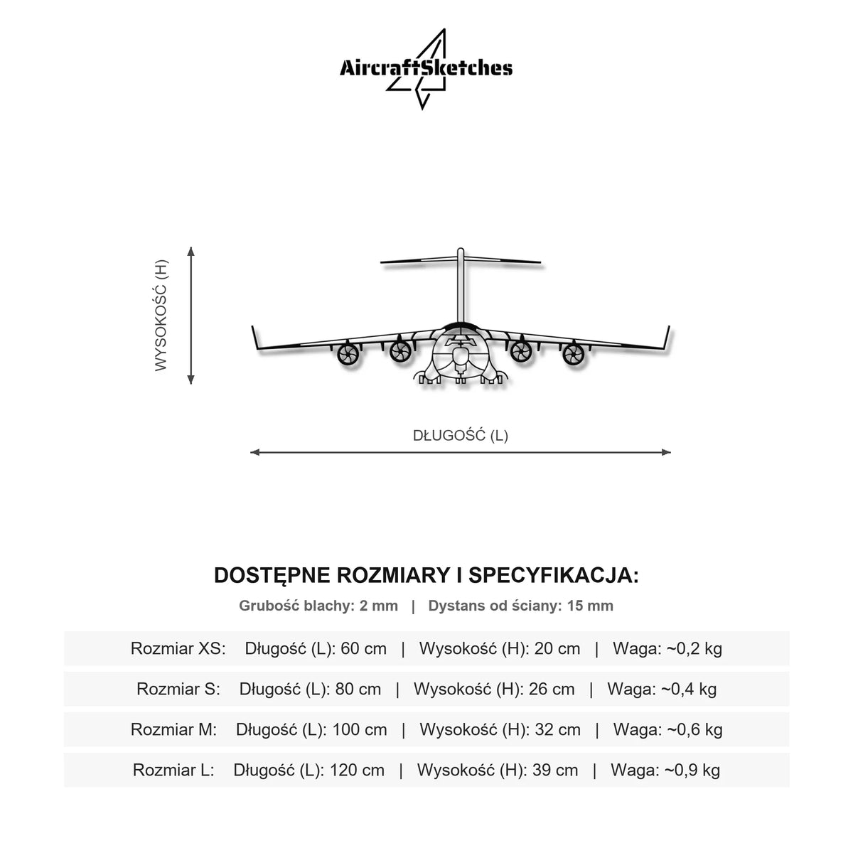 Wymiary i specyfikacja techniczna: Boeing C-17A Globemaster III – Metalowa sylwetka na ścianę