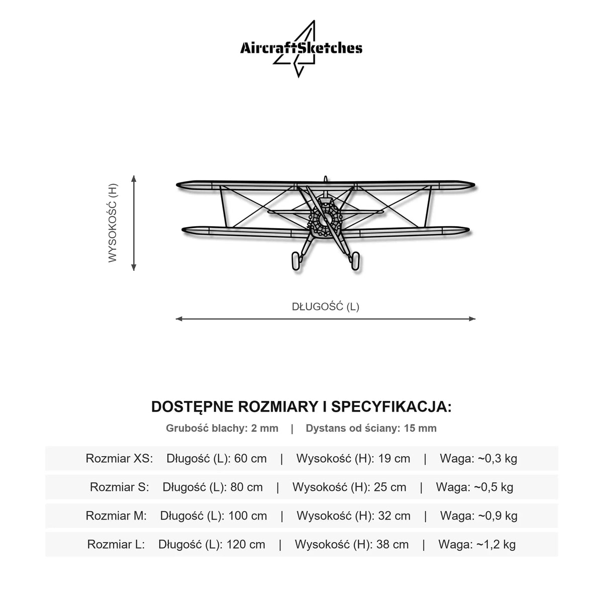 Wymiary i specyfikacja techniczna modelu: Boeing Stearman Model 75 - Metalowa dekoracja ścienna