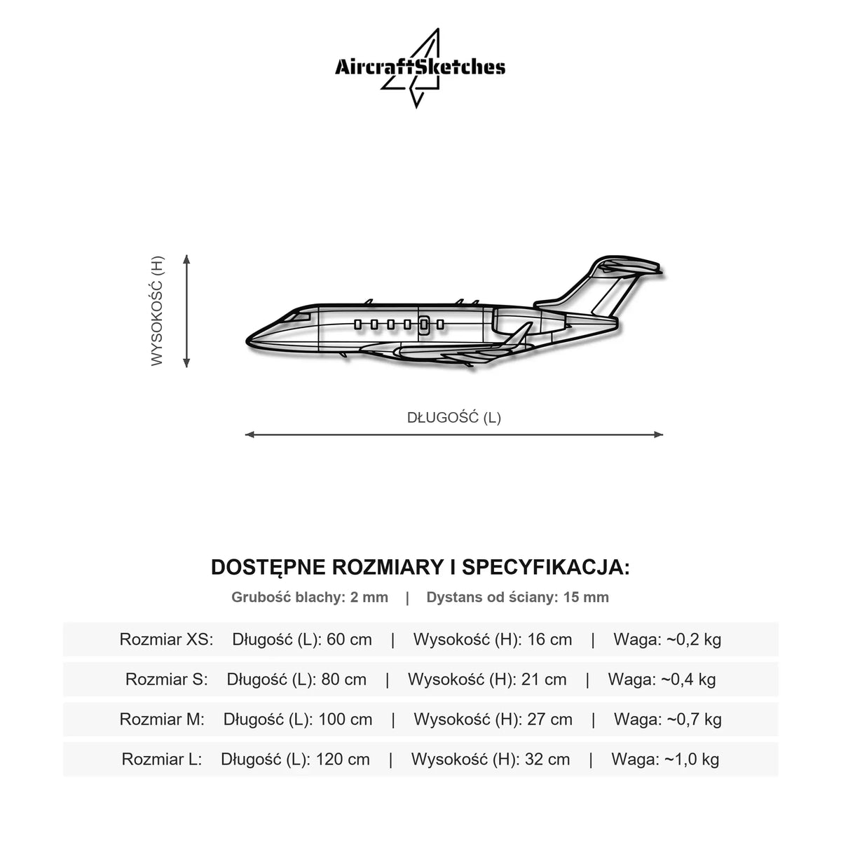 Wymiary i specyfikacja techniczna modelu: Bombardier Challenger 350 - Metalowa dekoracja ścienna