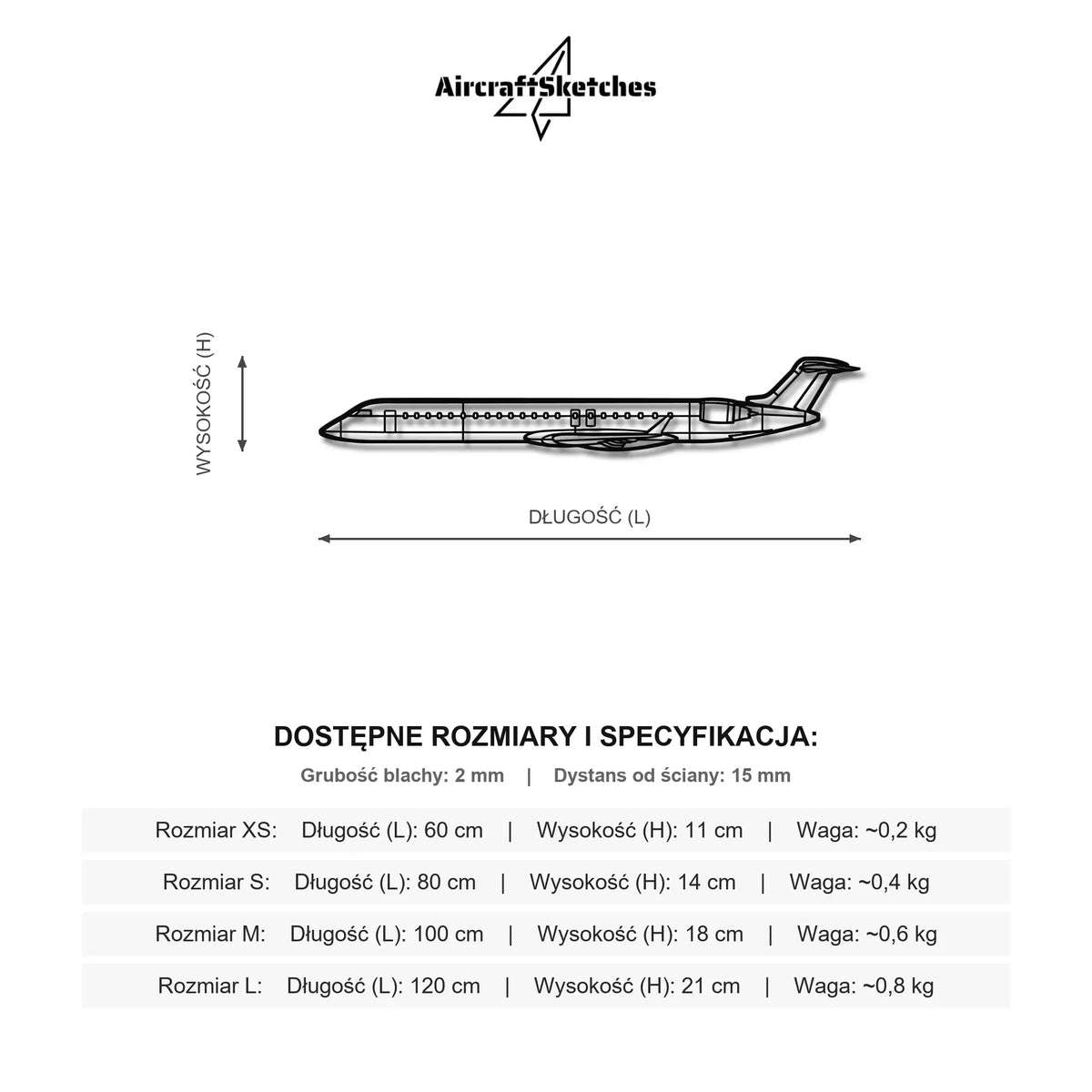 Wymiary i specyfikacja techniczna modelu: Bombardier CRJ 900 - Metalowa dekoracja ścienna