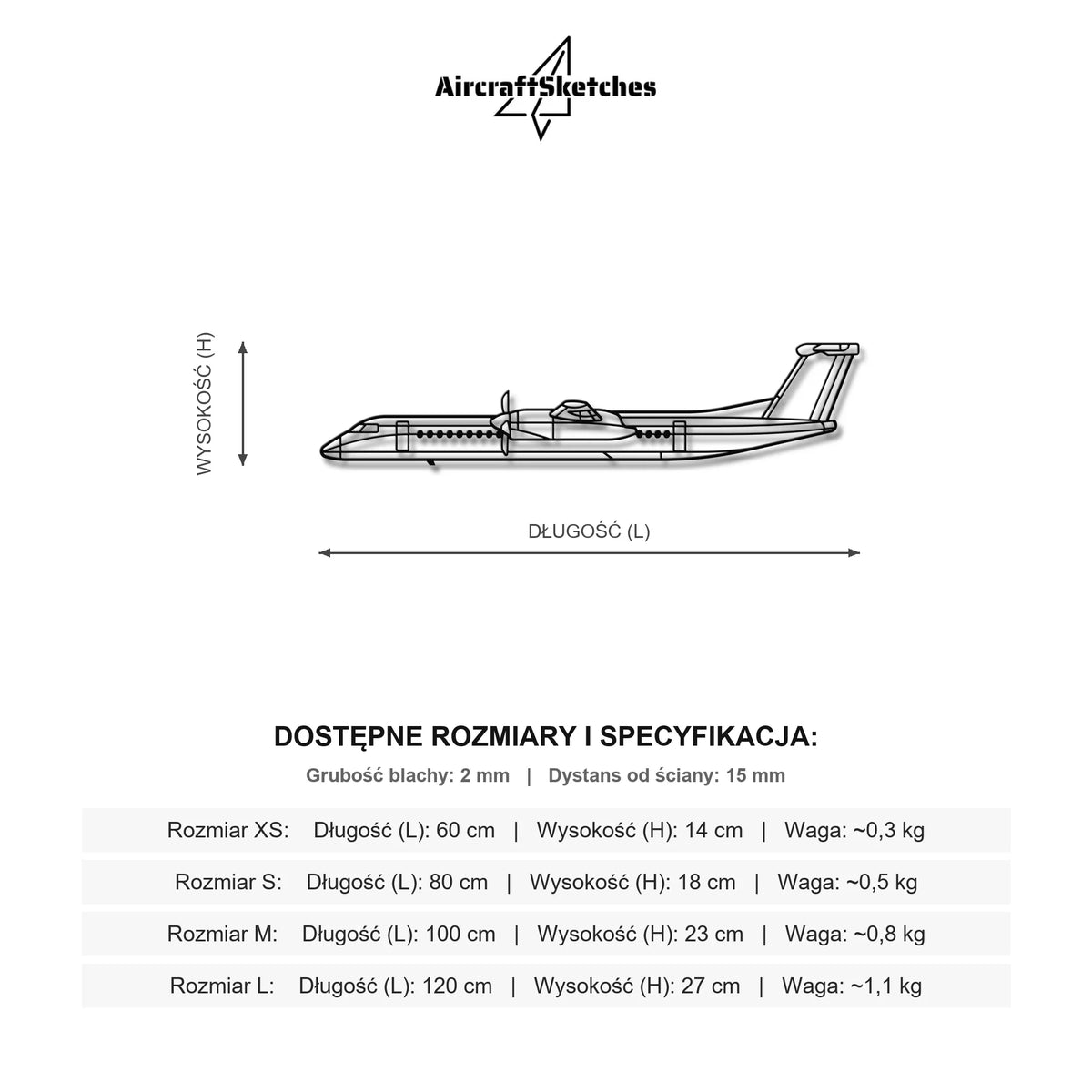 Wymiary i specyfikacja techniczna: Bombardier Dash 8 Q400 – Metalowa sylwetka na ścianę