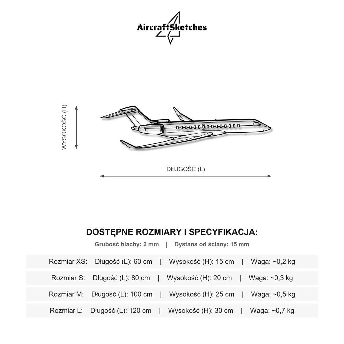 Wymiary i specyfikacja techniczna modelu: Bombardier Global 7500 - Metalowa dekoracja ścienna