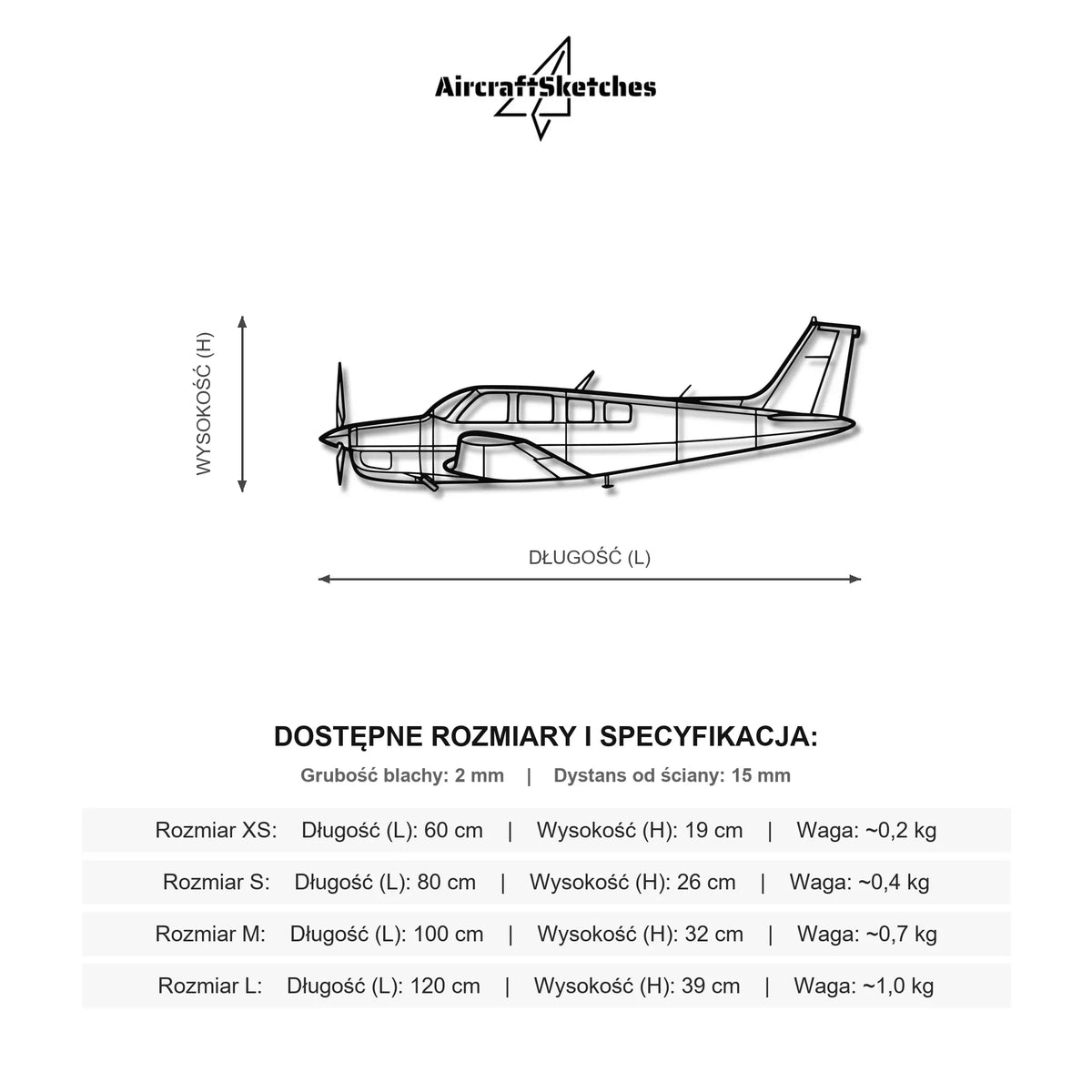 Wymiary i specyfikacja techniczna modelu: Beechcraft Bonanza A36 - Metalowa dekoracja ścienna